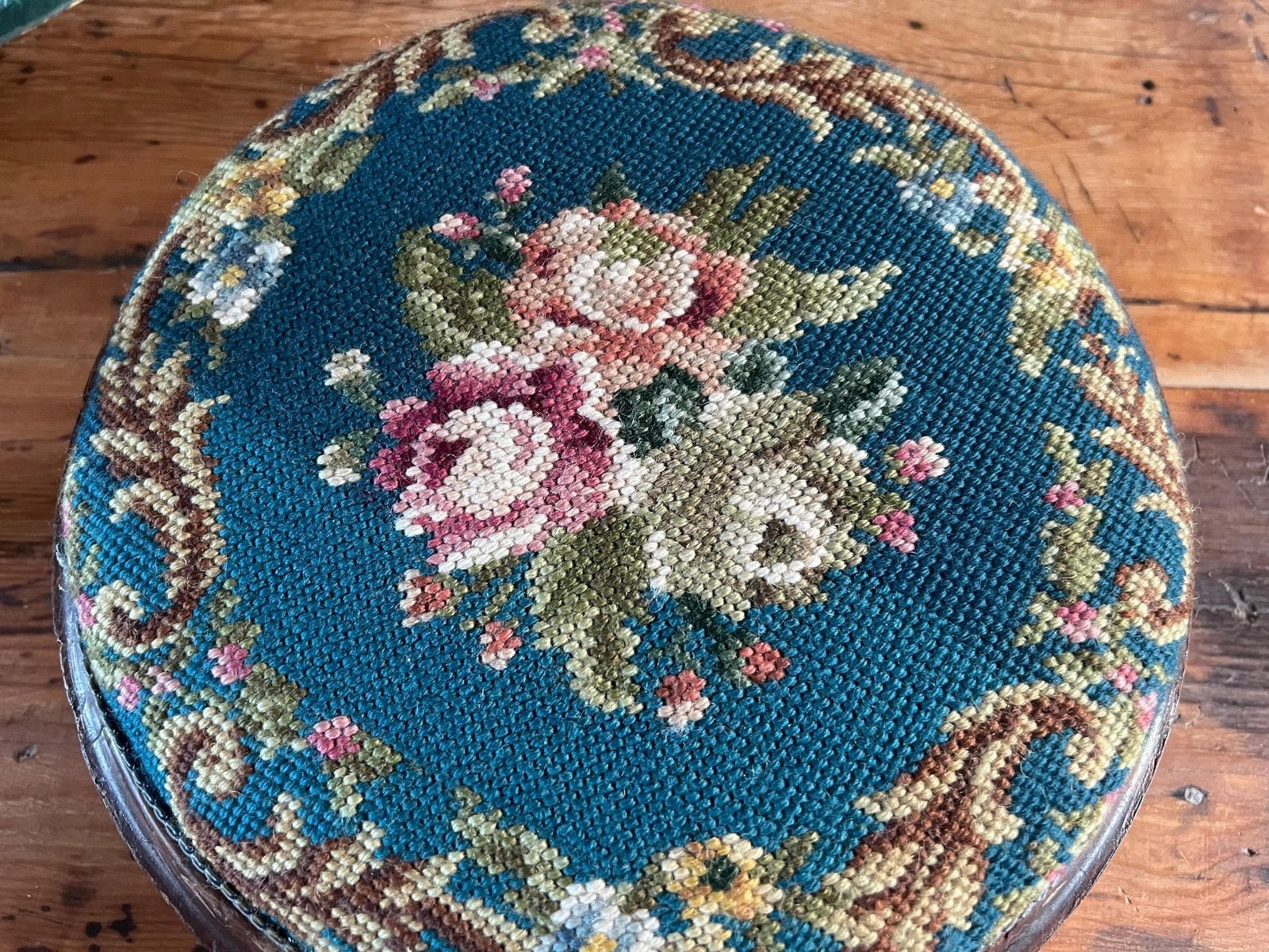 Antique Victorian Needlepoint Footstool With Tunbridge Ware Inlay Detail | Micro Mosaic Geometric Wood | Brass Ball Feet Stool | Patina Blue photo 85.0