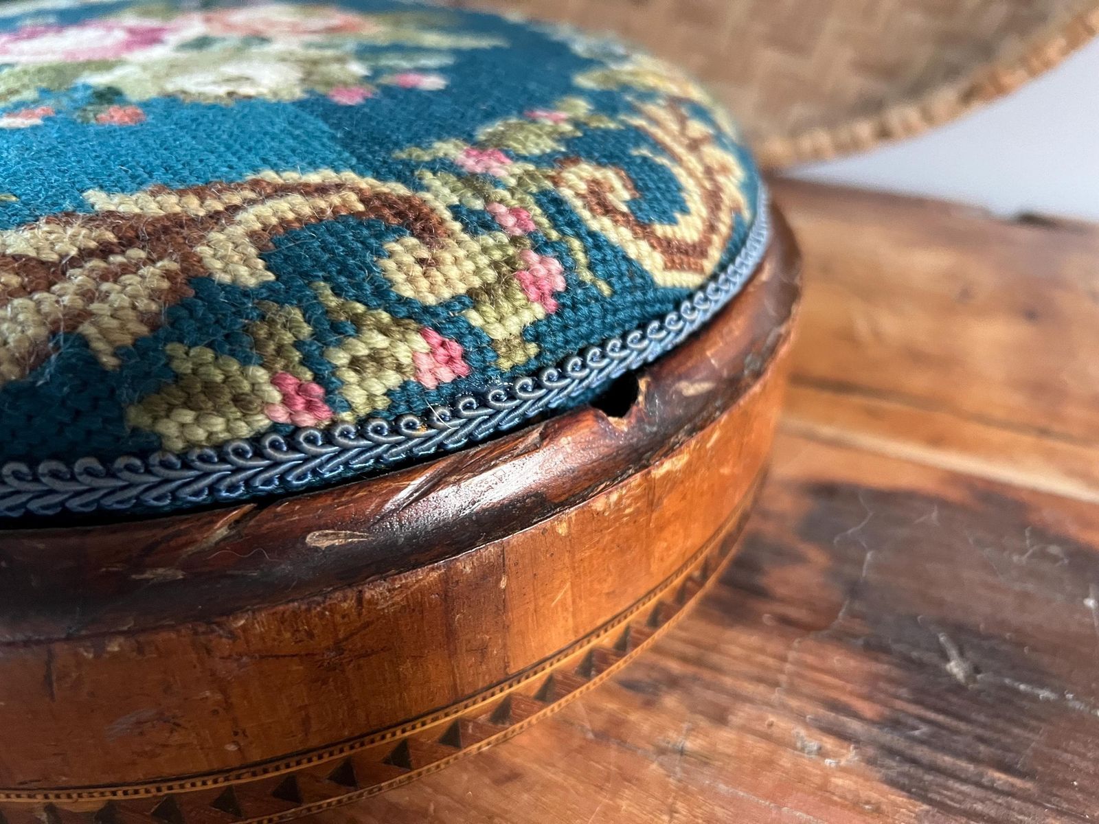 Antique Victorian Needlepoint Footstool With Tunbridge Ware Inlay Detail | Micro Mosaic Geometric Wood | Brass Ball Feet Stool | Patina Blue photo buy