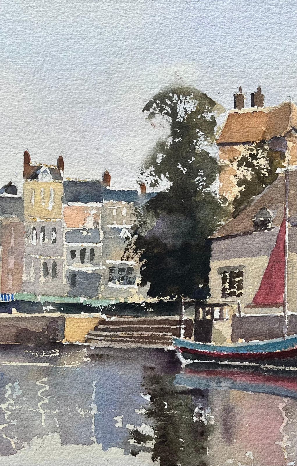 Anthony Avery British Impressionist Watercolor Of Riverside Town With Boats And Market Stalls photo furniture