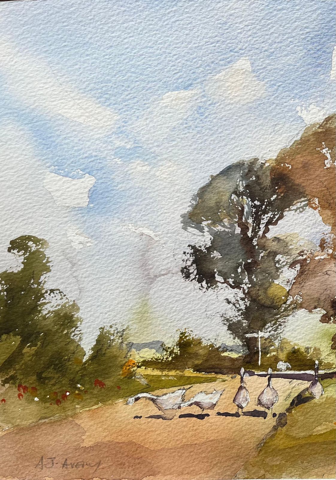 Anthony Avery British Impressionist Watercolor Of Geese Crossing A Quiet Country Lane photo for sale