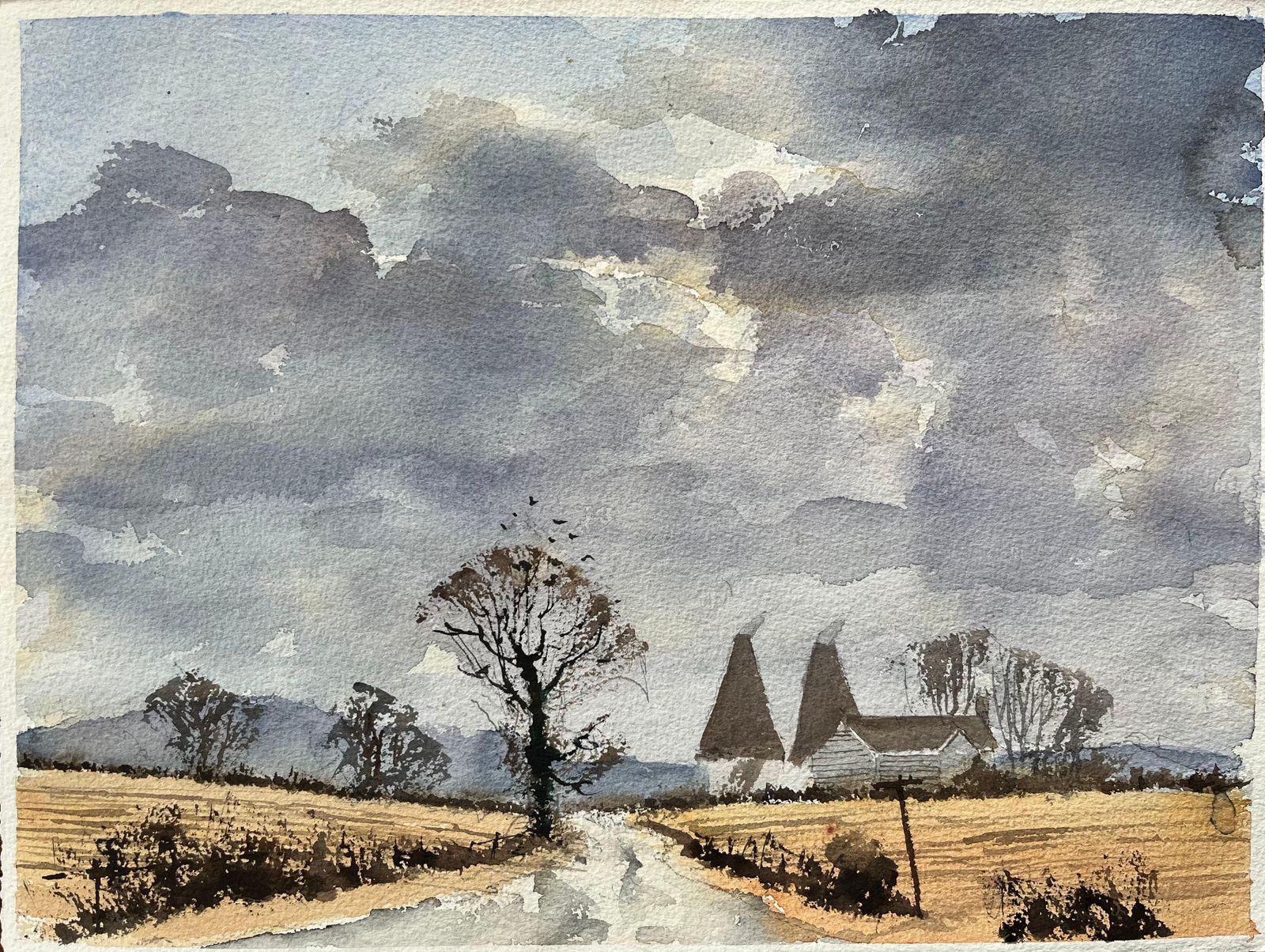 Anthony Avery British Watercolor Landscape With Oast Houses And Moody Sky