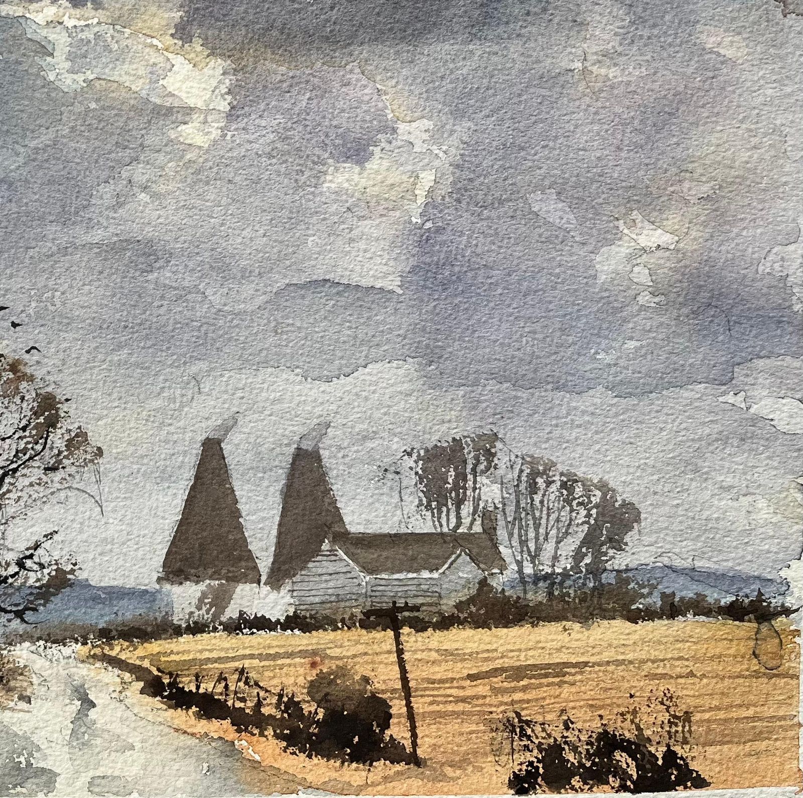 Anthony Avery British Watercolor Landscape With Oast Houses And Moody Sky photo for sale