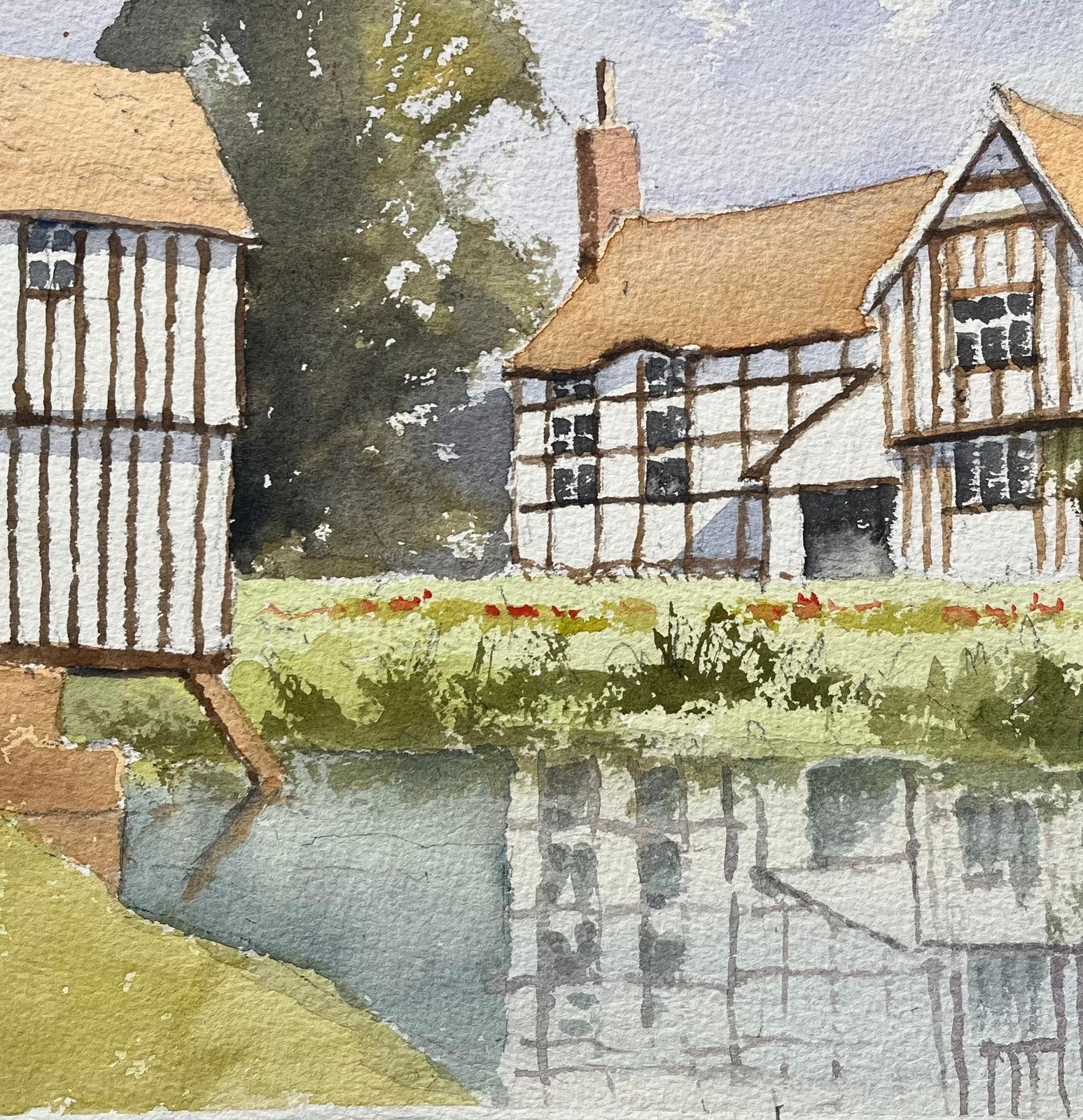 Anthony Avery British Impressionist Watercolor Of A Tudor Style House Reflected In A Lake photo vinterior