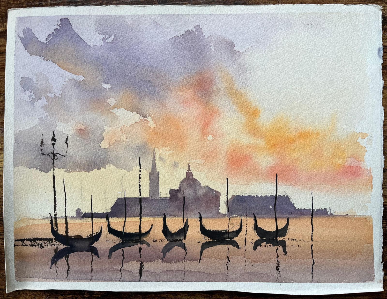 Anthony Avery British Watercolor Of Gondolas At Sunset With A Silhouetted Skyline photo furniture