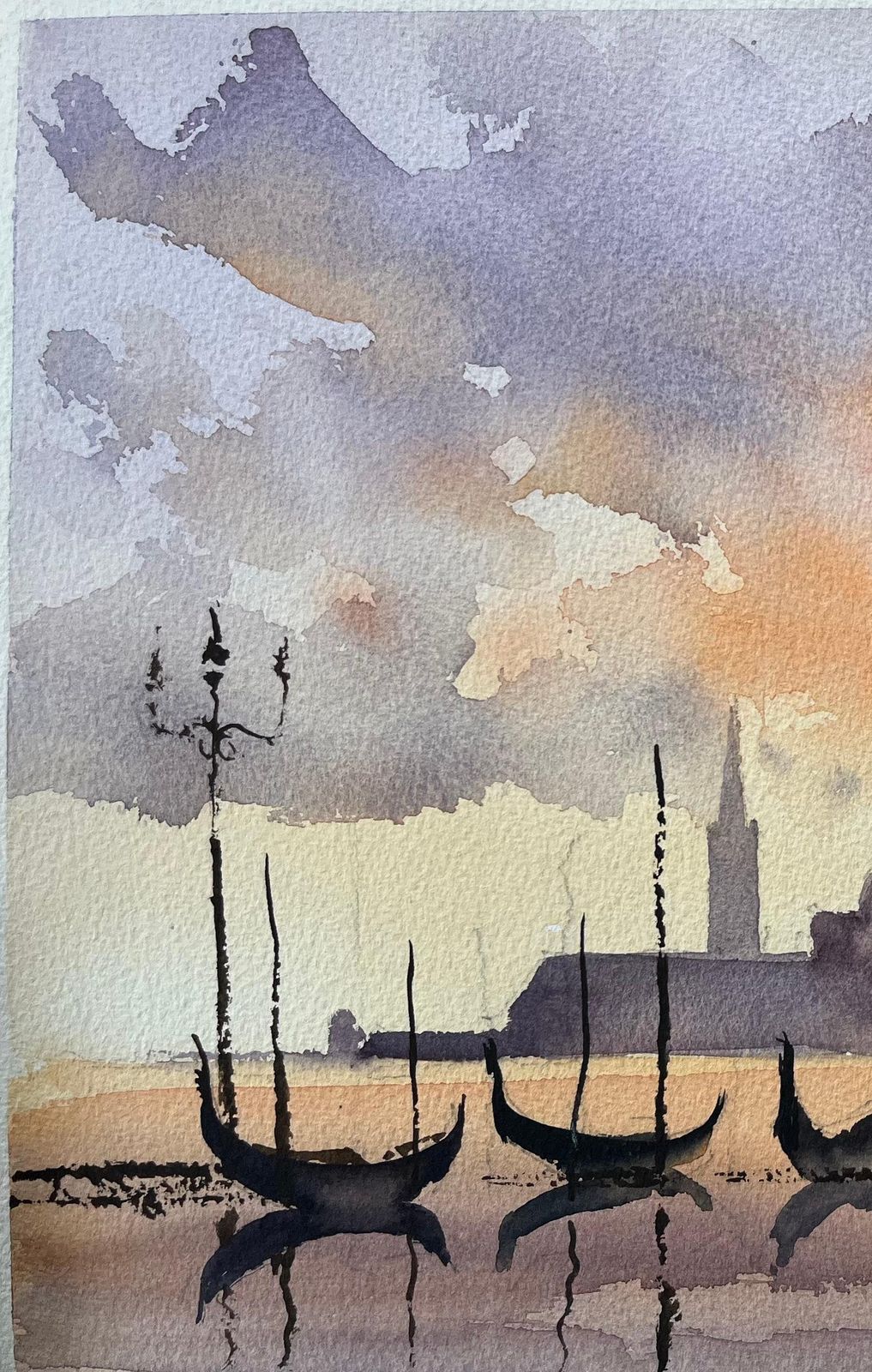 Anthony Avery British Watercolor Of Gondolas At Sunset With A Silhouetted Skyline photo for sale