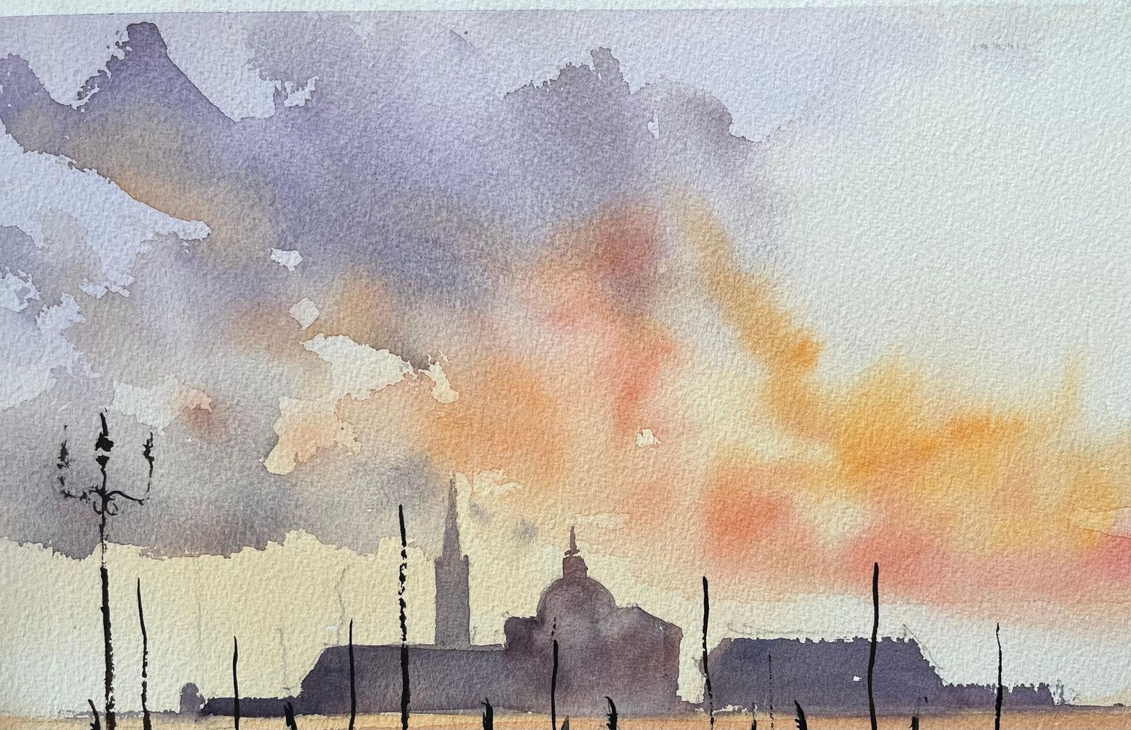 Anthony Avery British Watercolor Of Gondolas At Sunset With A Silhouetted Skyline photo Art