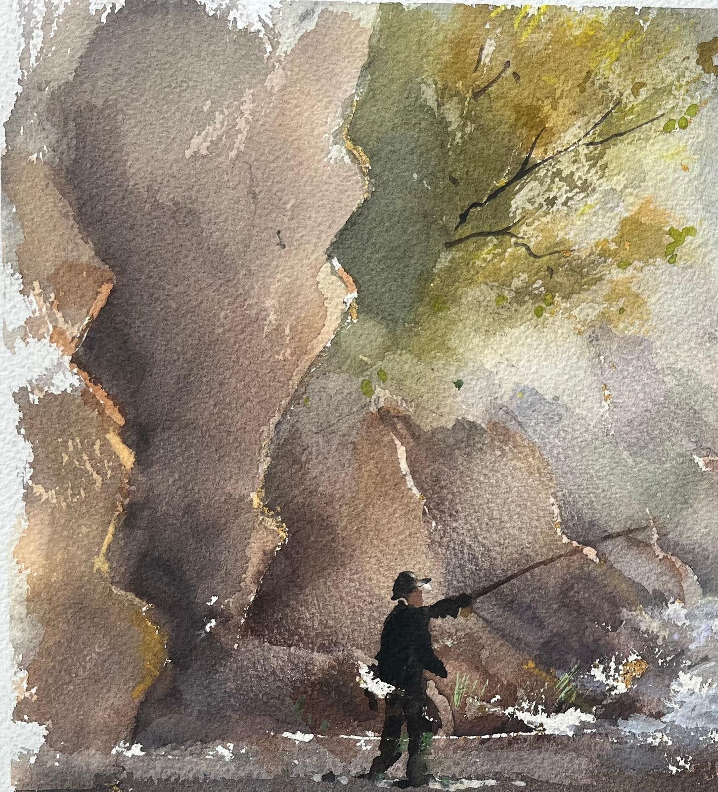 Anthony Avery British Impressionist Watercolor Of A Fisherman By A Cascading Stream photo for sale