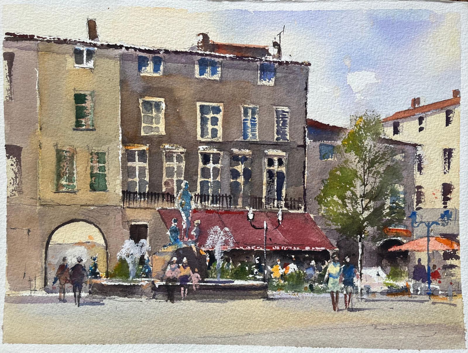 Anthony Avery British Impressionist Watercolor Of A Town Square With Fountain And Cafes