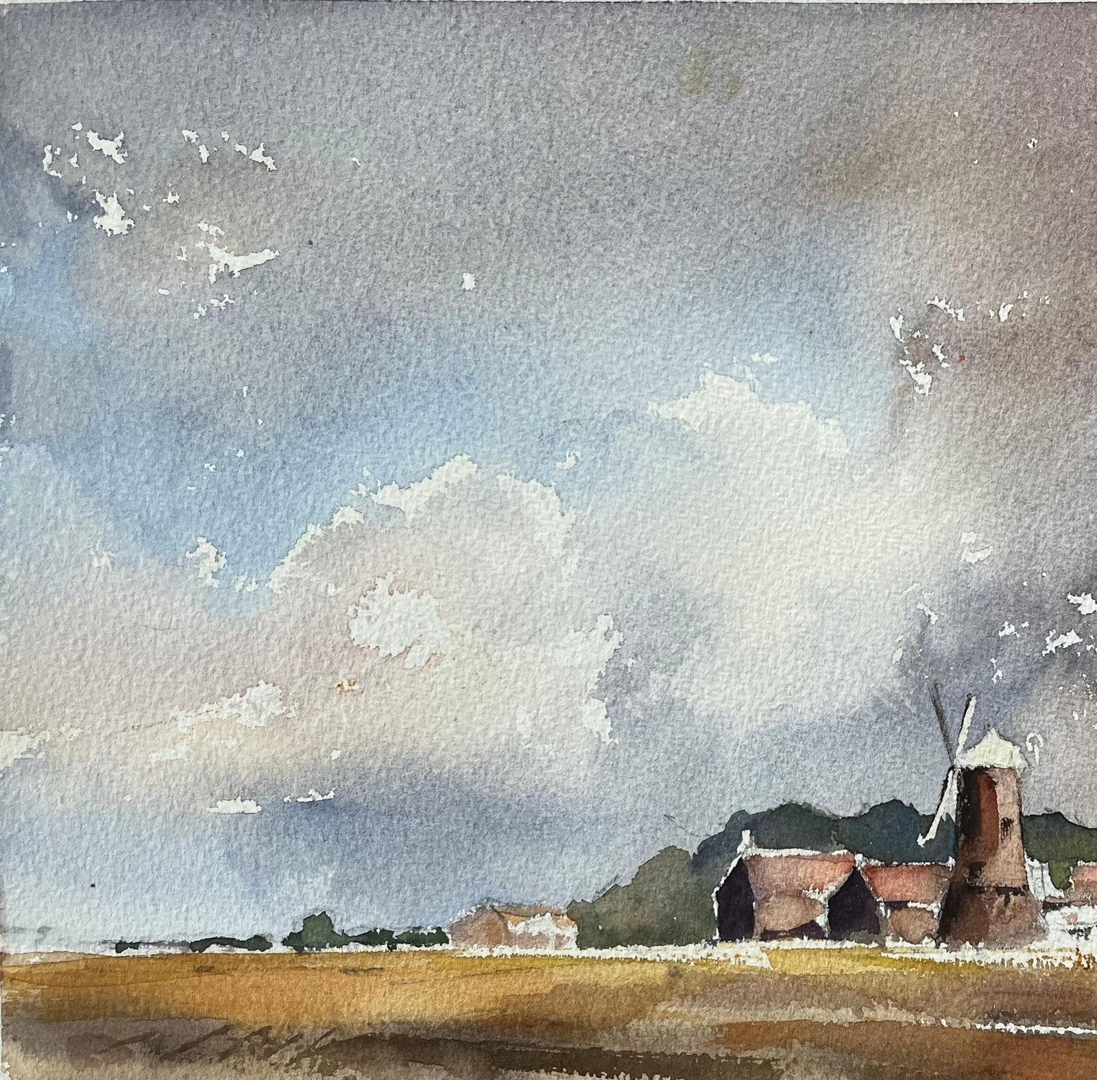 Anthony Avery British Original Watercolor Of A Rustic Windmill And Village Scene photo vinterior