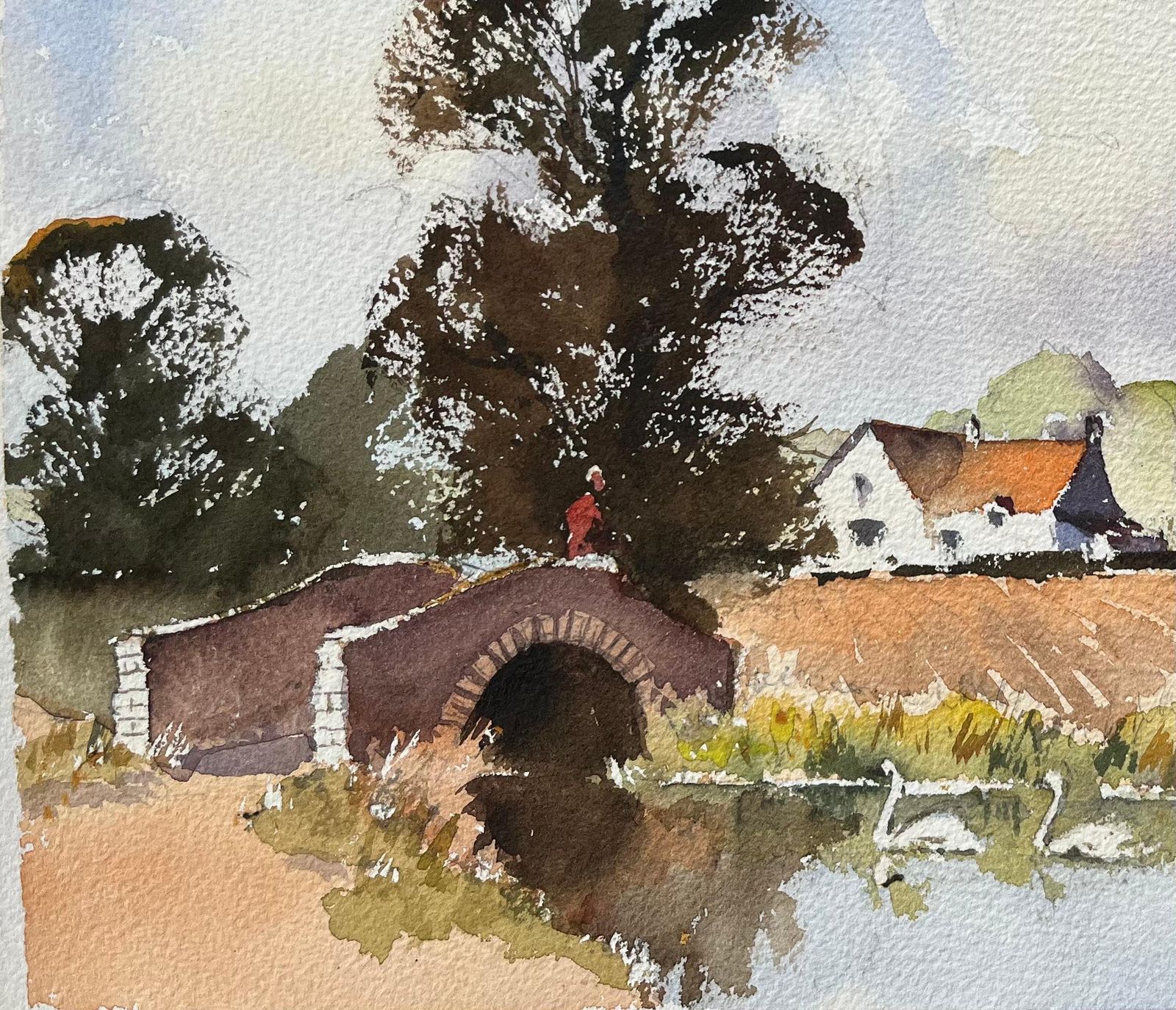 Anthony Avery British Watercolor Of A Rustic Bridge With Swans On A Calm River photo 490.0