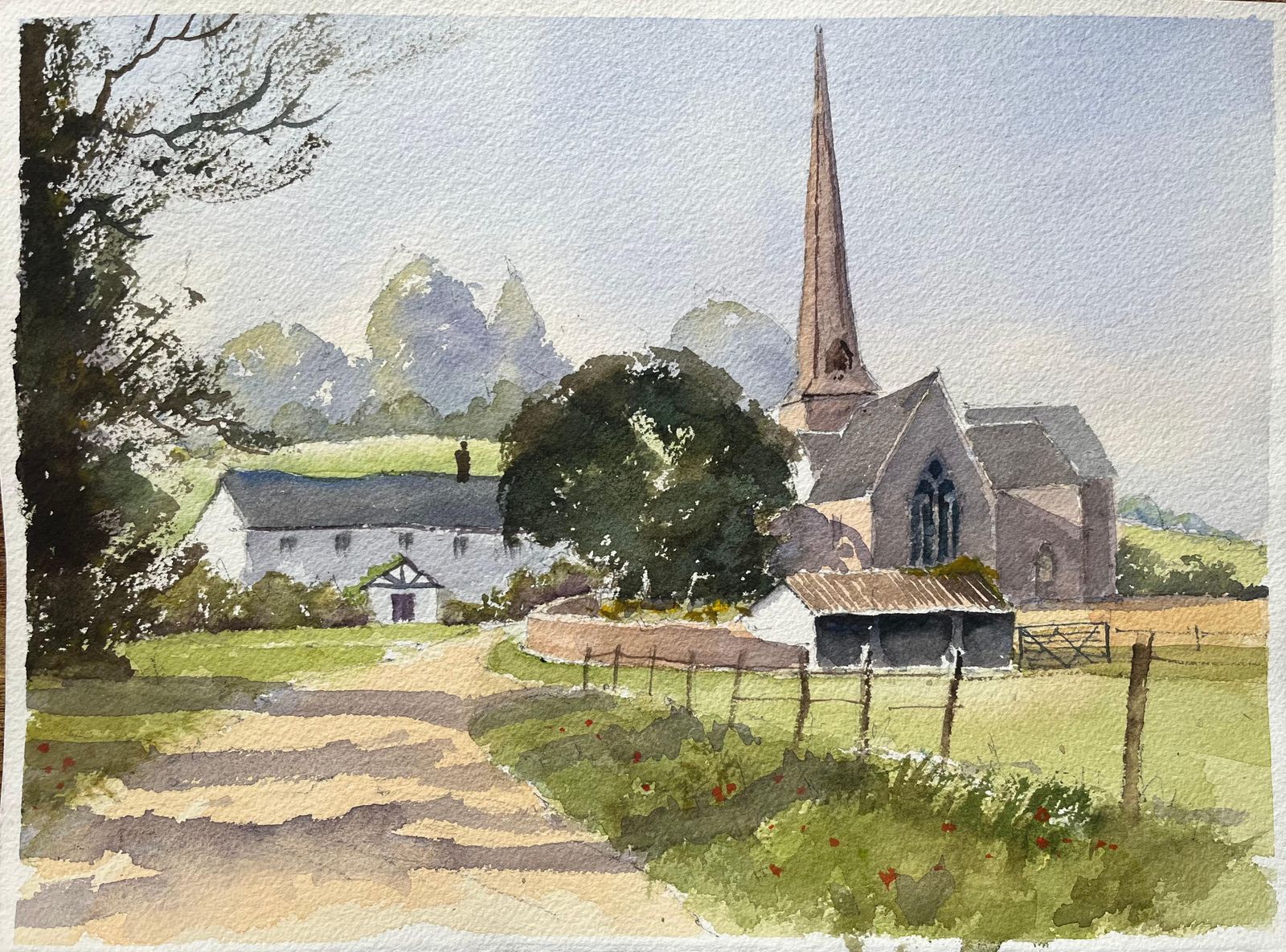 Anthony Avery British Impressionist Watercolor Of Idyllic English Countryside With Church
