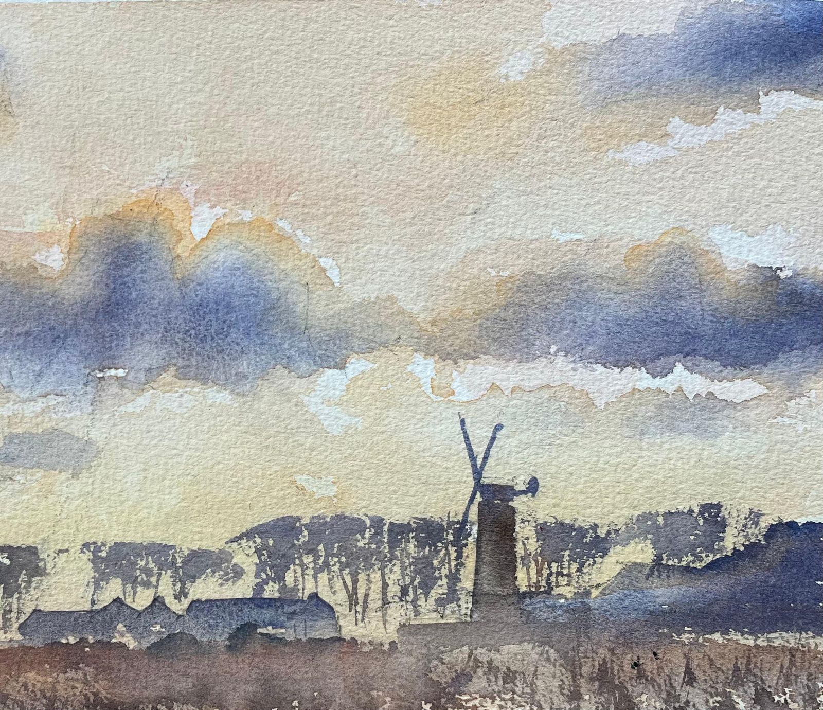 Anthony Avery British Original Watercolor Of A Windmill And Countryside Landscape At Sunset photo 505.0