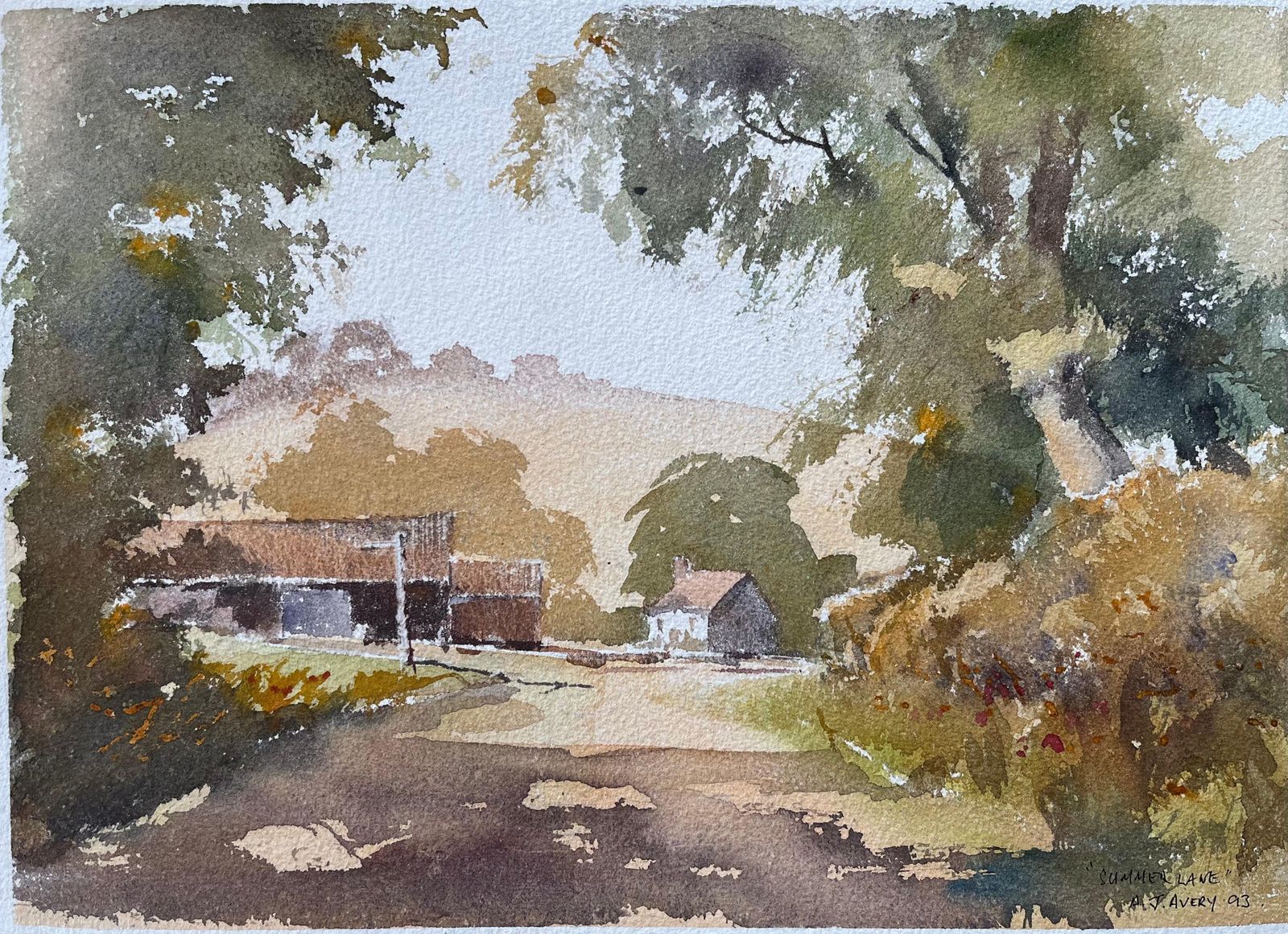 Anthony Avery British Original Watercolor Of A Country Lane In Summer Leading To Farm
