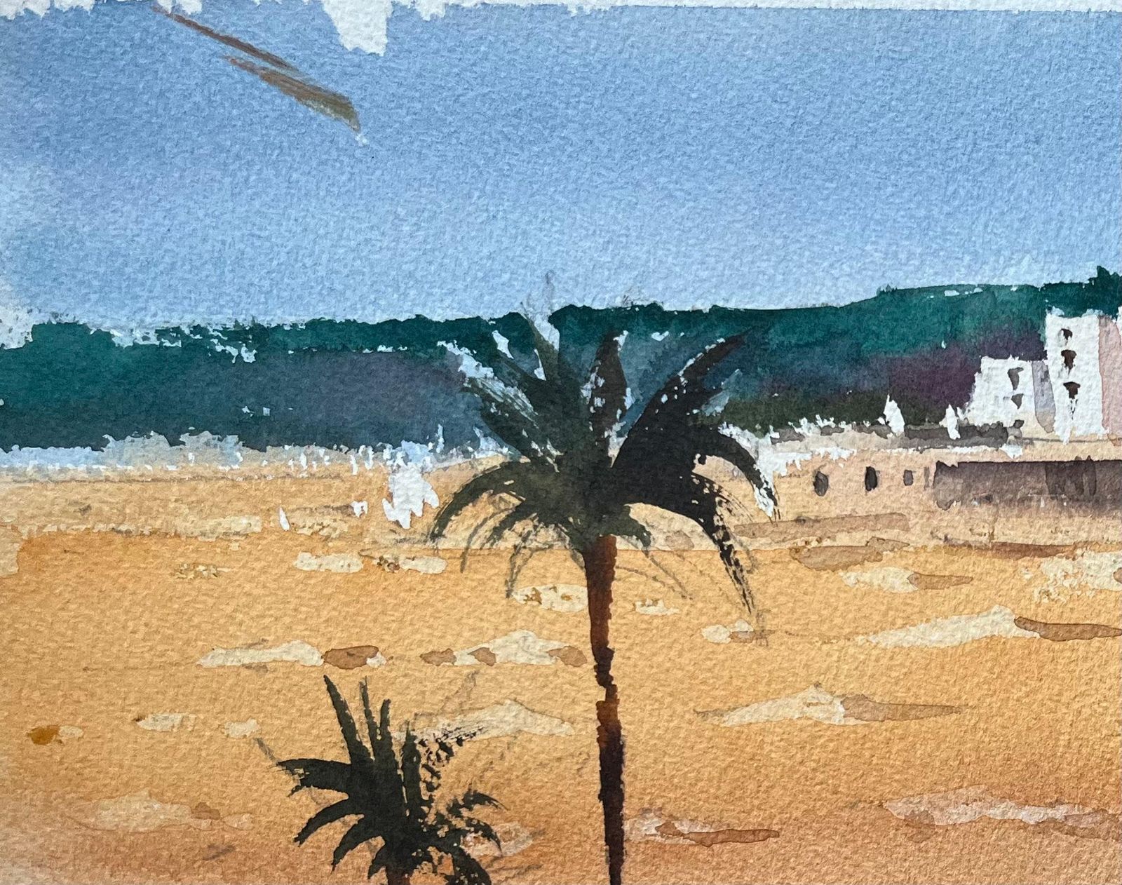 Anthony Avery British Impressionist Watercolor Of Desert Landscape With Palm Trees And Figures photo vinterior
