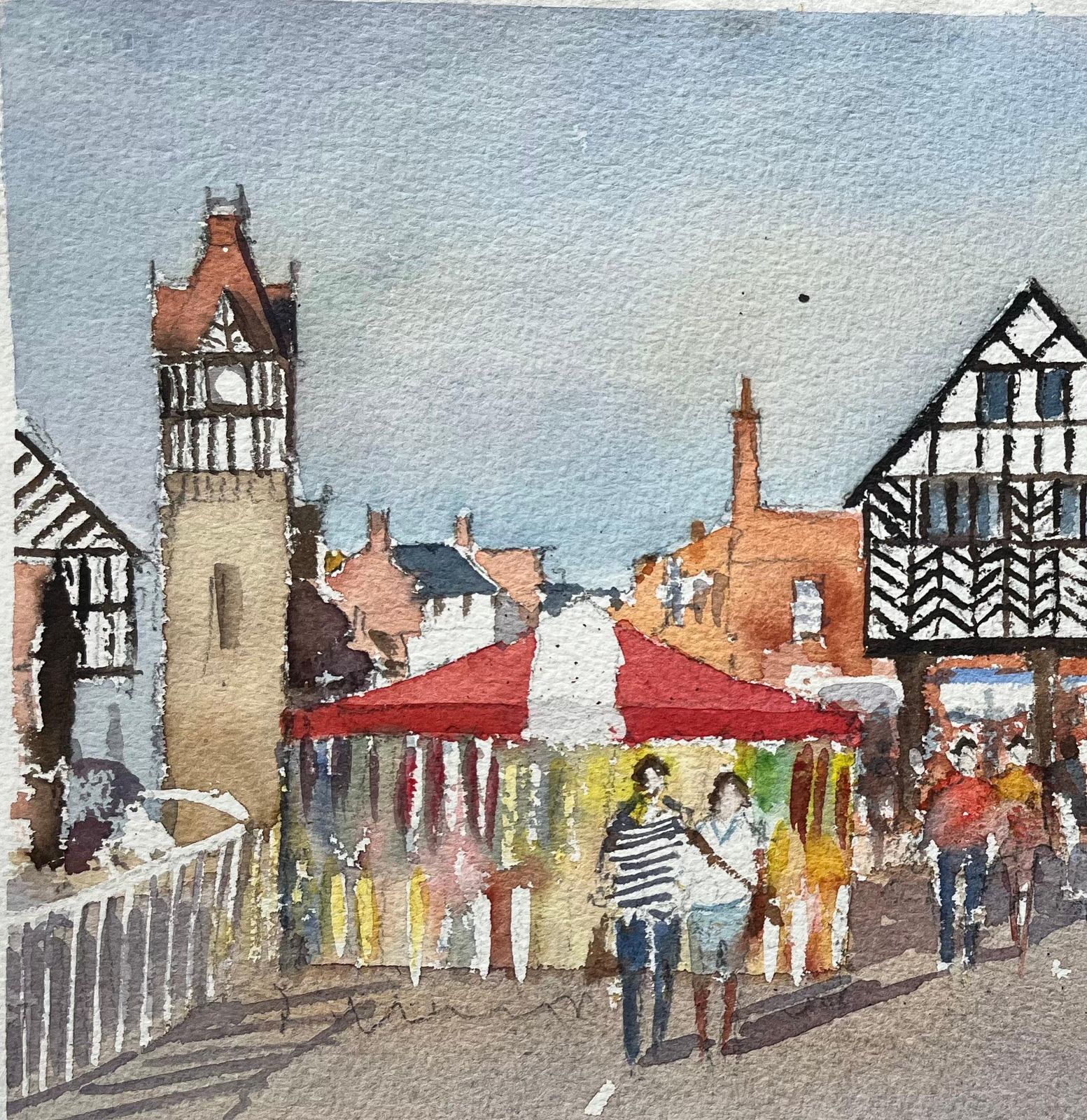 Anthony Avery British Impressionist Watercolor Of A Market Town Scene With Tudor Architecture photo Art