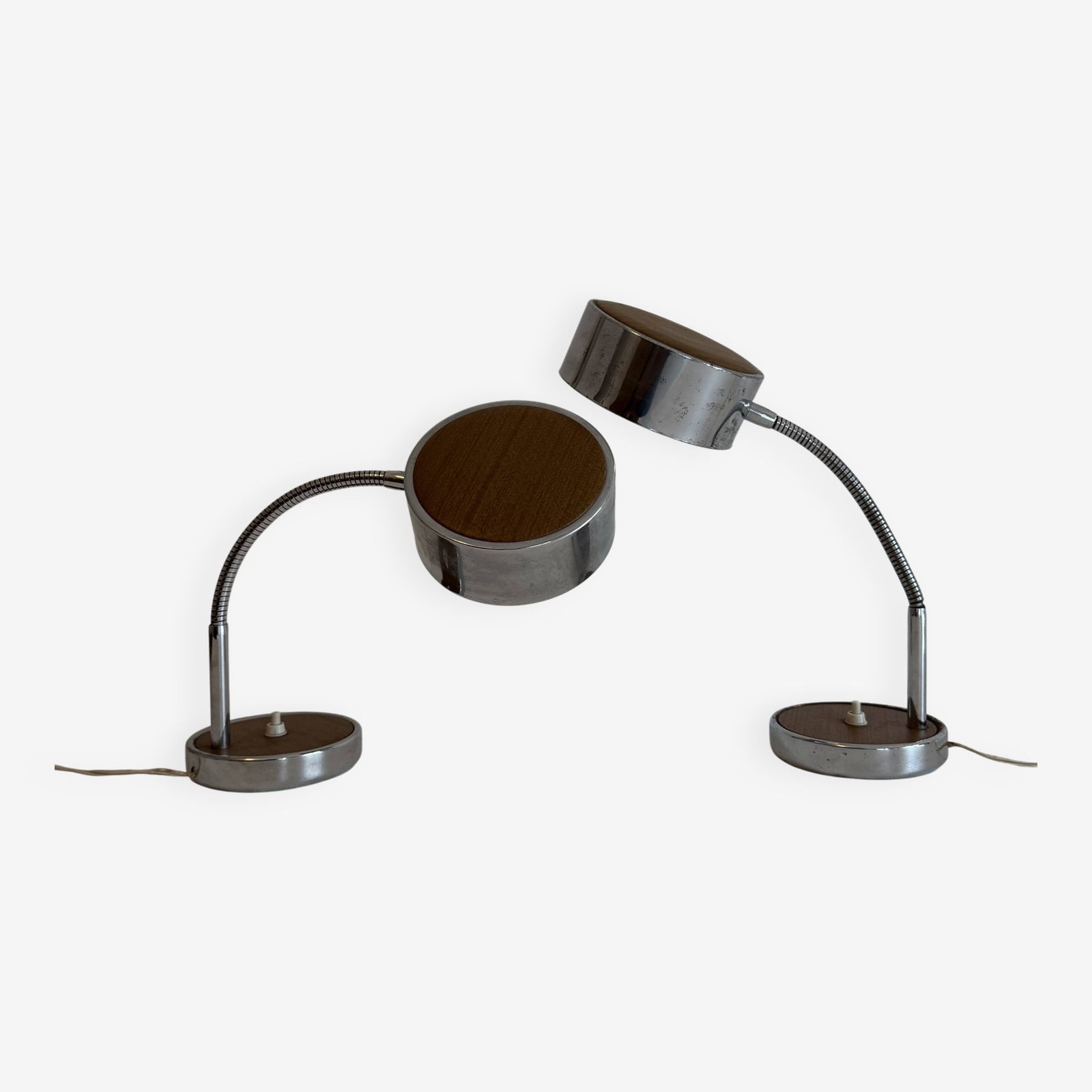 Pair Of Adjustable Vintage Table Lamps, Chrome Metal And Wood, France.