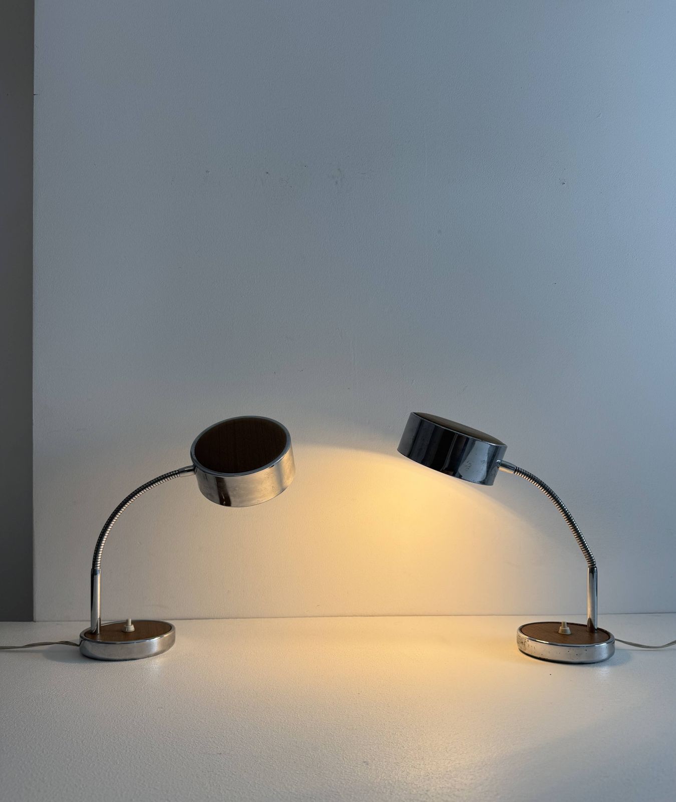 Pair Of Adjustable Vintage Table Lamps, Chrome Metal And Wood, France. photo furniture