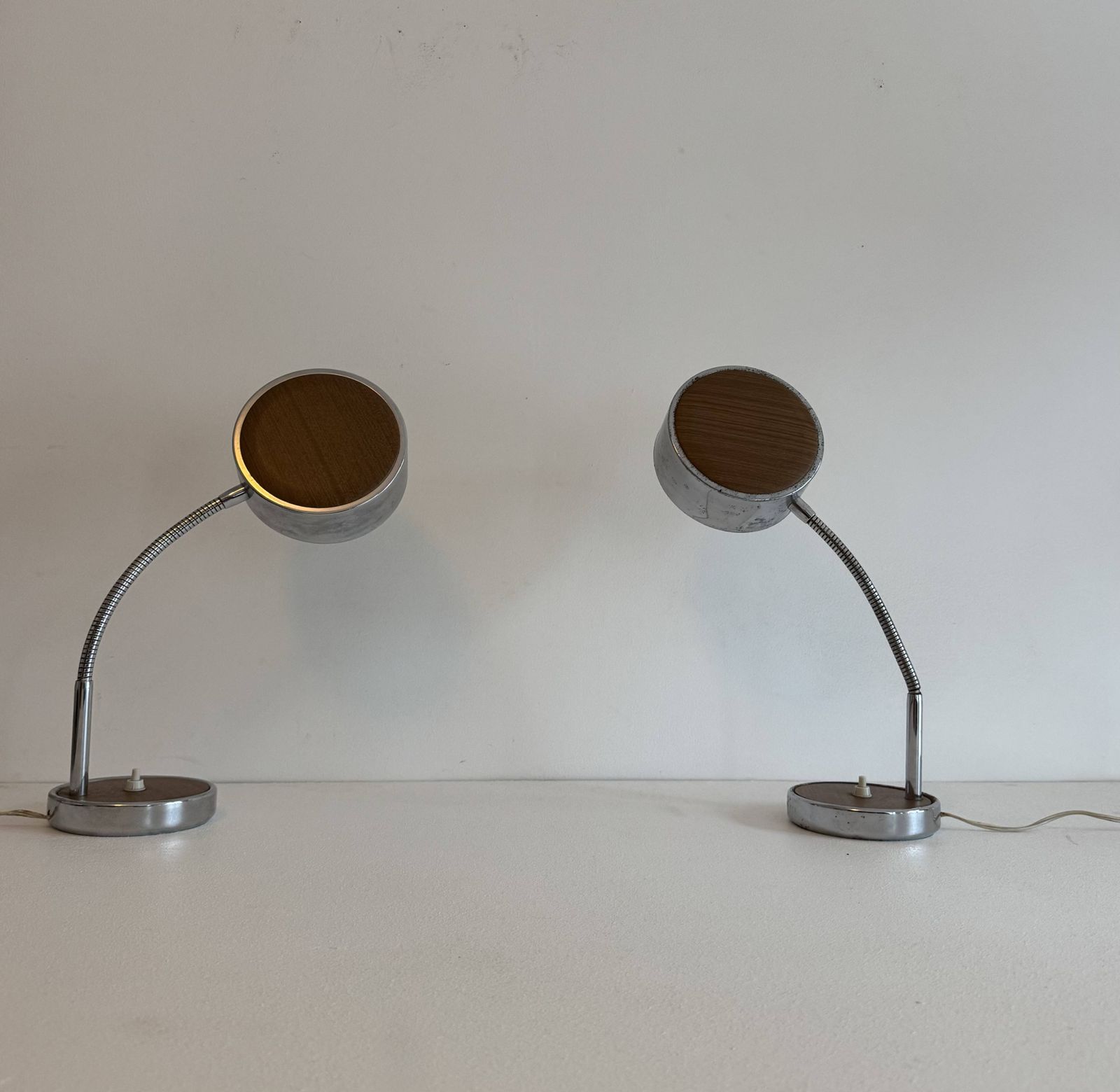 Pair Of Adjustable Vintage Table Lamps, Chrome Metal And Wood, France. photo Lighting