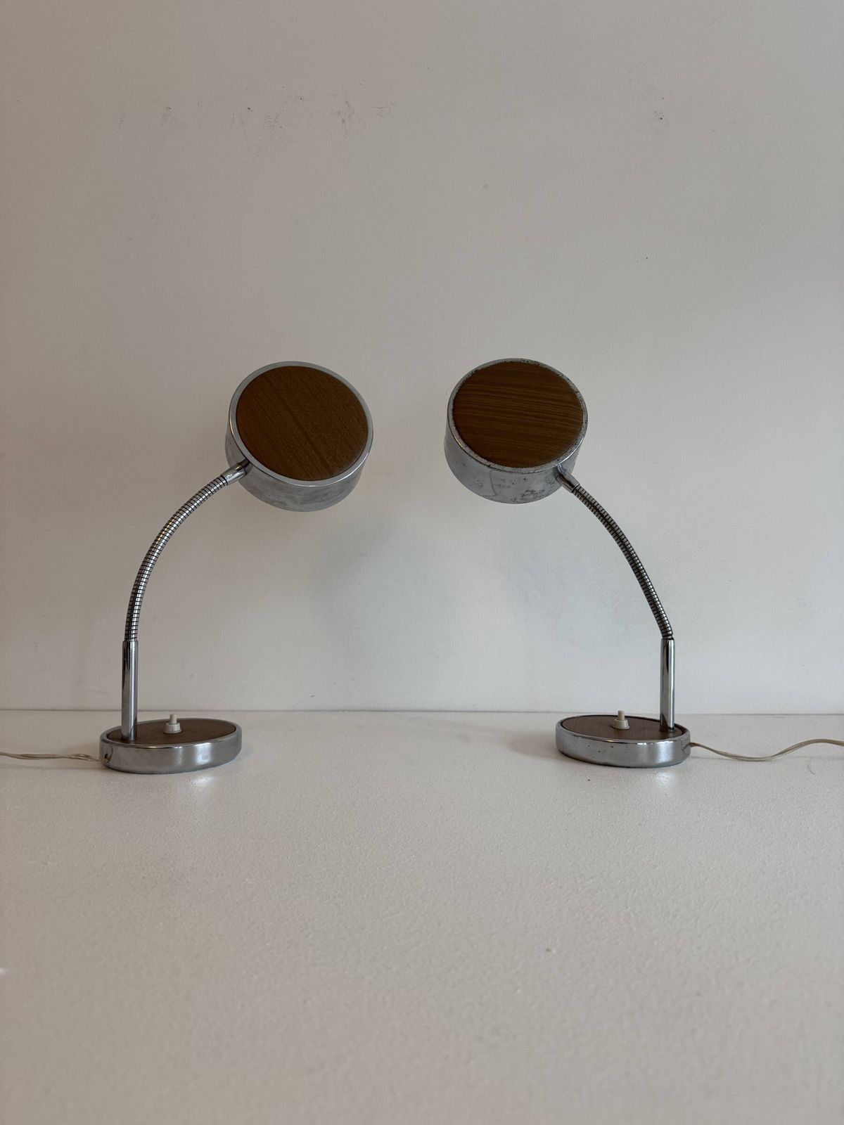 photo furniture Pair Of Adjustable Vintage Table Lamps, Chrome Metal And Wood, France.