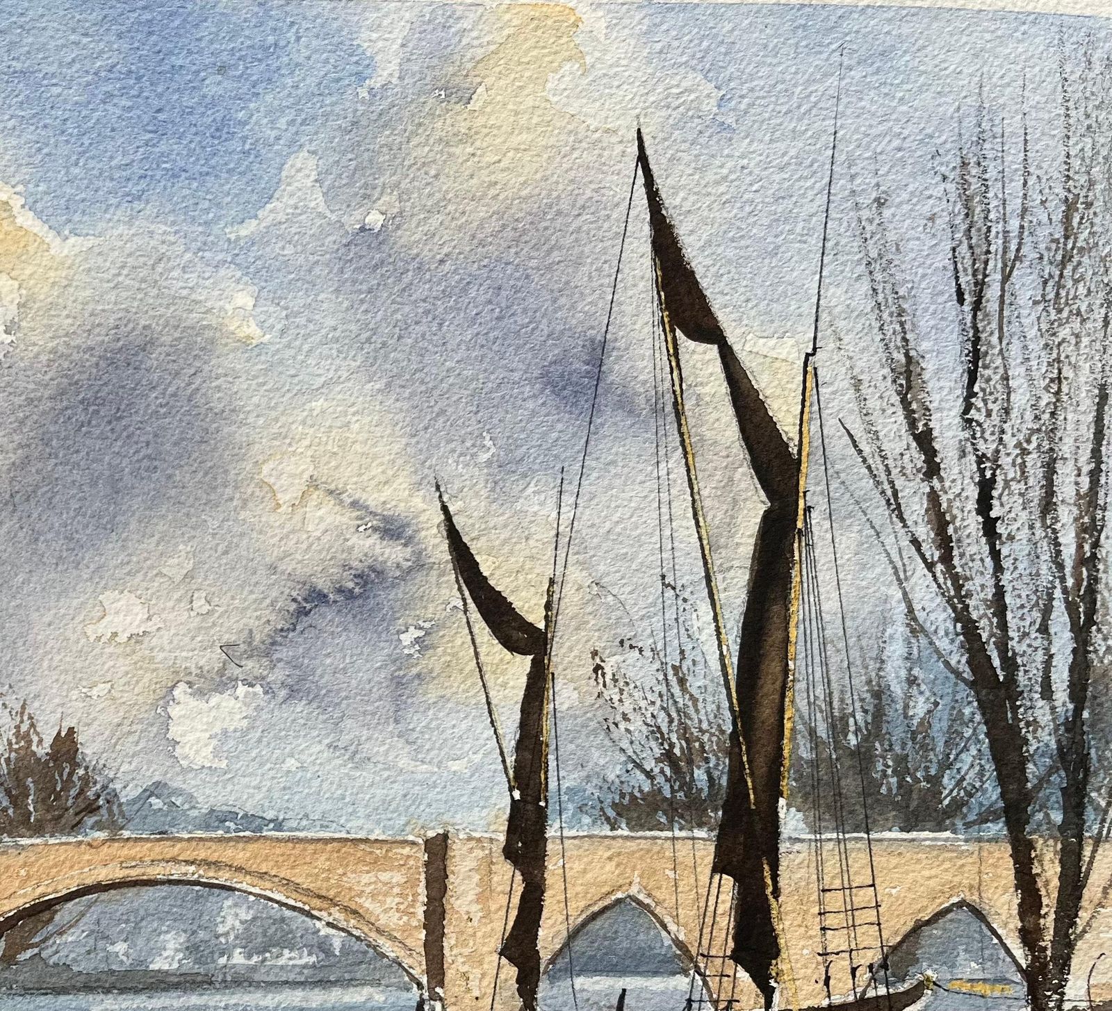 Anthony Avery British Original Watercolor Of Riverside Bridge With Boats photo Art