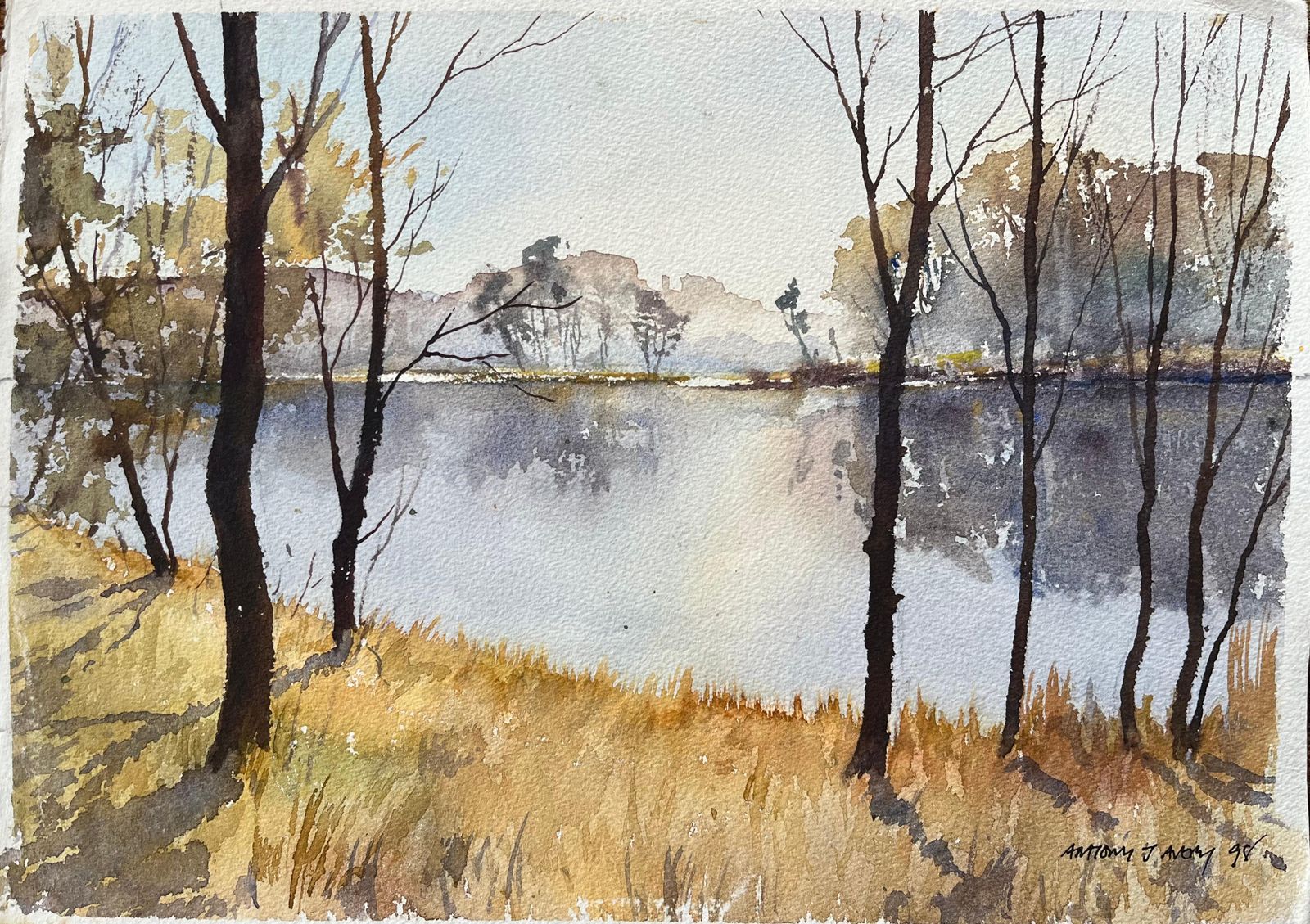 Anthony Avery British Original Watercolor Of A Serene Lake Landscape In Early Morning Light 1998