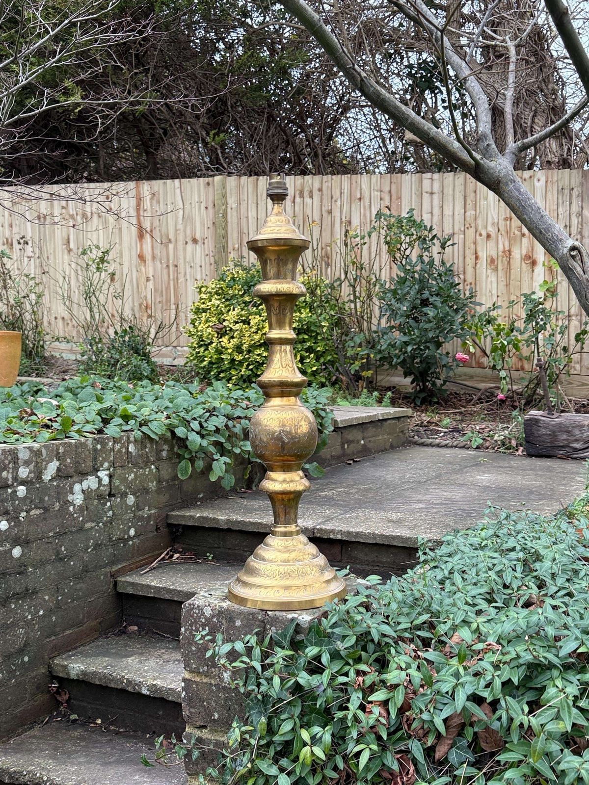 Large Vintage Hand Engraved Solid Brass Table Lamp With Ornate Mid Century Design 61cm Tall, Pat Tested And Working
