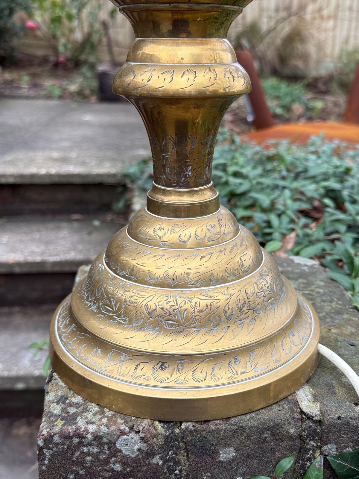 Large Vintage Hand Engraved Solid Brass Table Lamp With Ornate Mid Century Design 61cm Tall, Pat Tested And Working photo buy