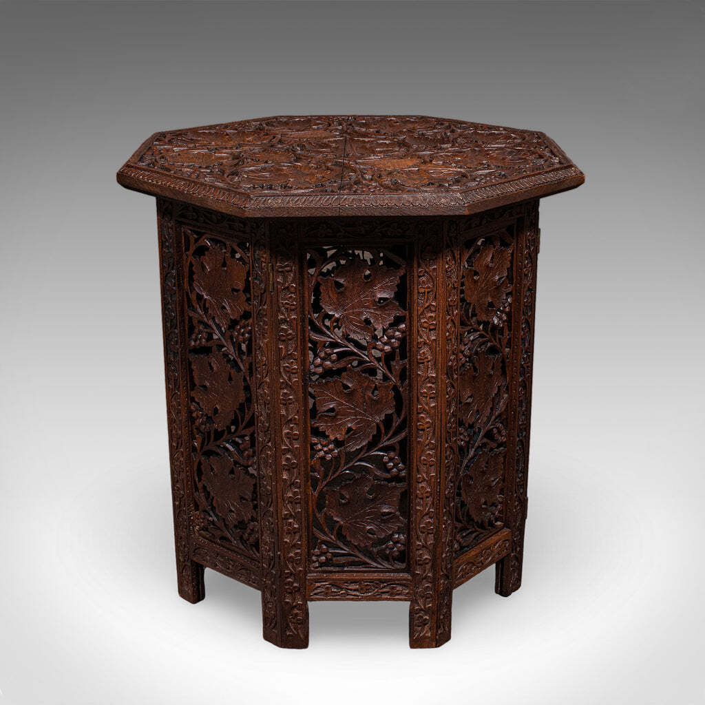 Antique Campaign Tea Table, Anglo Indian, Carved, Lamp, Side, Victorian, C.1900 photo furniture