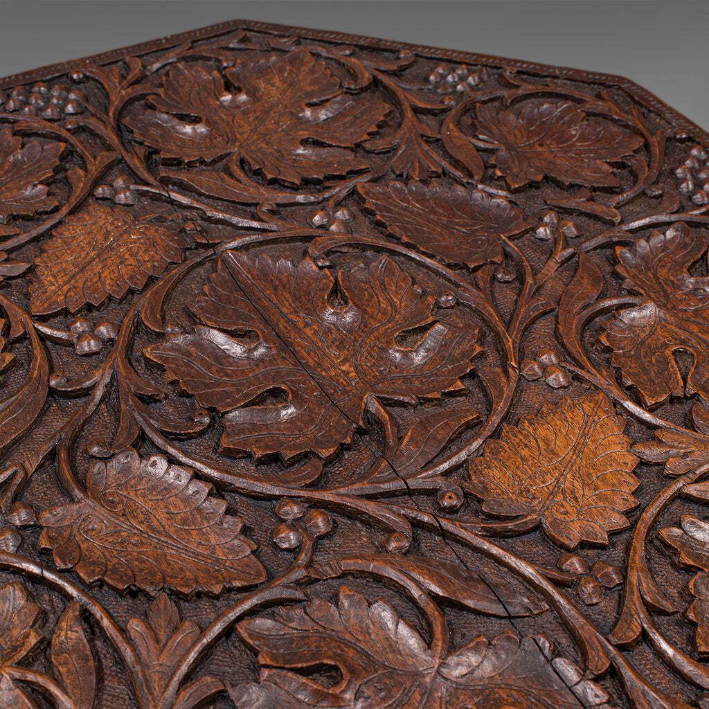 Antique Campaign Tea Table, Anglo Indian, Carved, Lamp, Side, Victorian, C.1900 photo vintage