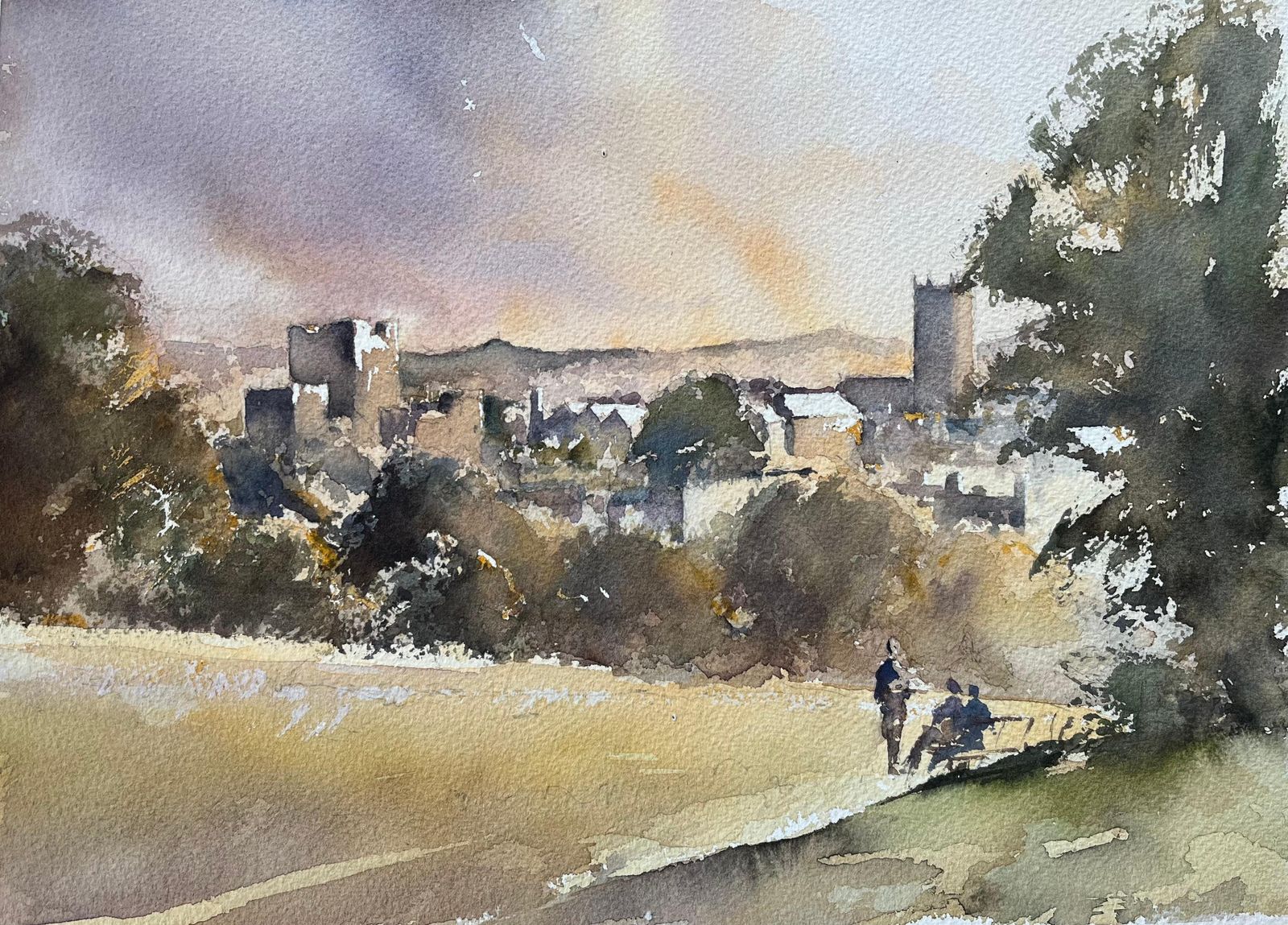 Anthony Avery British Impressionist Watercolor Of Church And Village View With Figures Talking