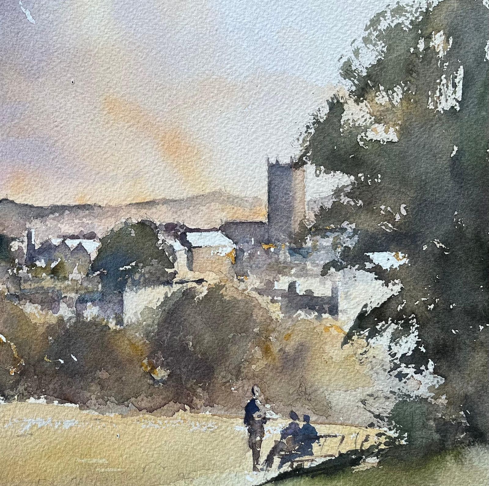 Anthony Avery British Impressionist Watercolor Of Church And Village View With Figures Talking photo vinterior
