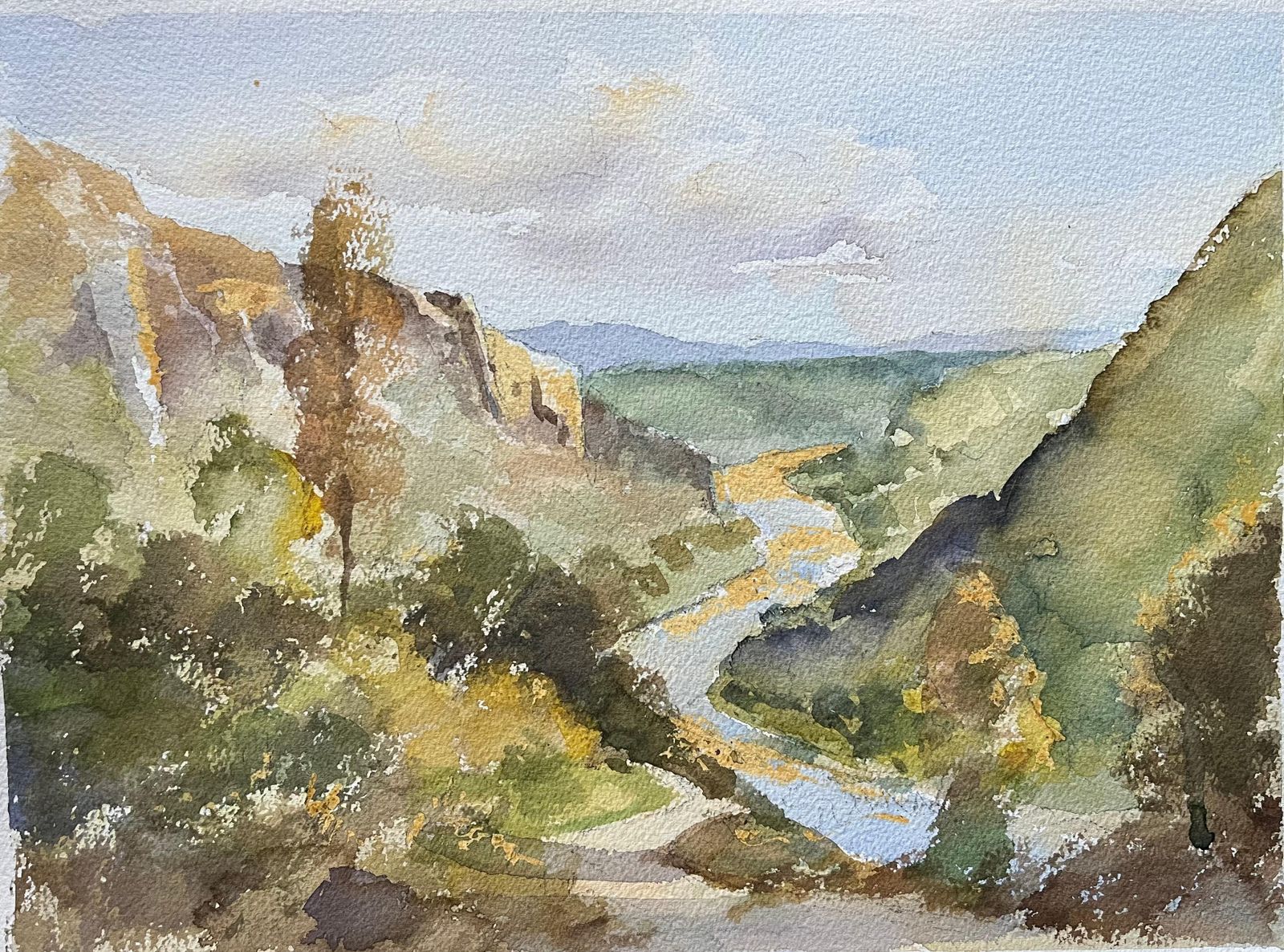 Anthony Avery British Impressionist Watercolor Of A Tranquil River Valley Landscape