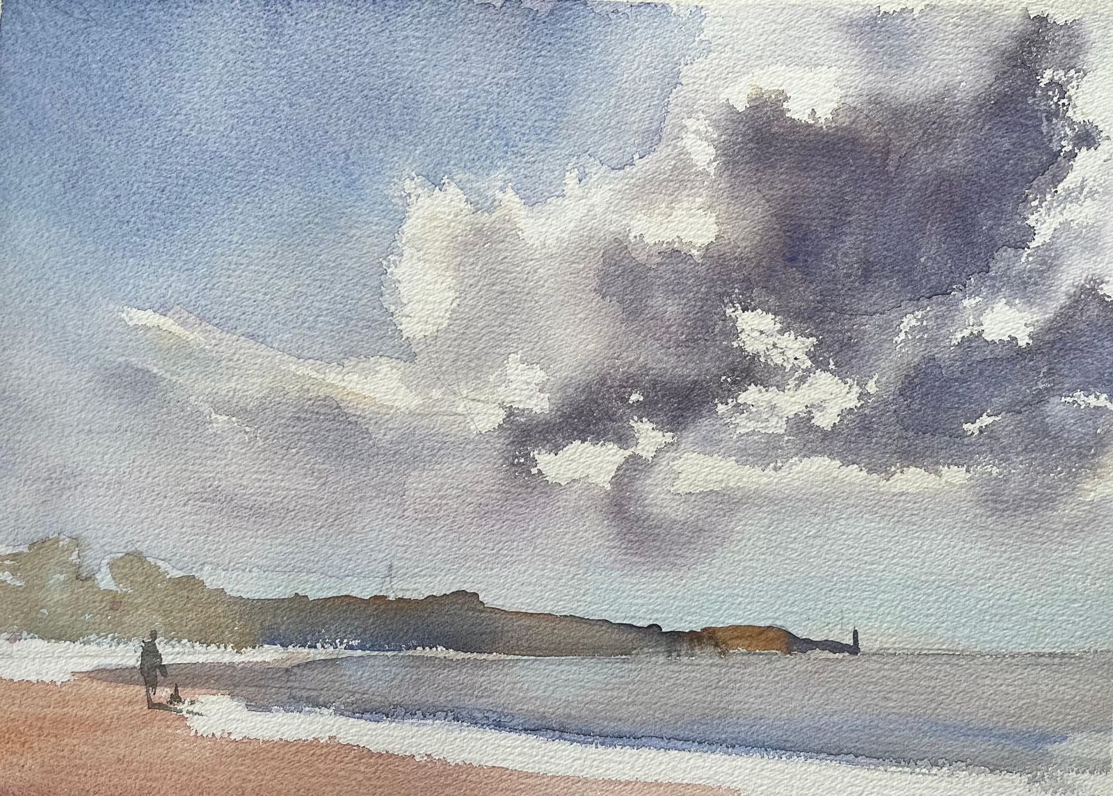 Anthony Avery British Impressionist Watercolor Of Beach Scene With Dramatic Sky And Walker