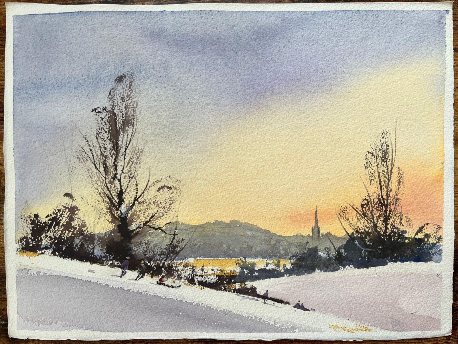 Anthony Avery British Impressionist Watercolor Of Winter Sunset Over Sledging Figures photo furniture