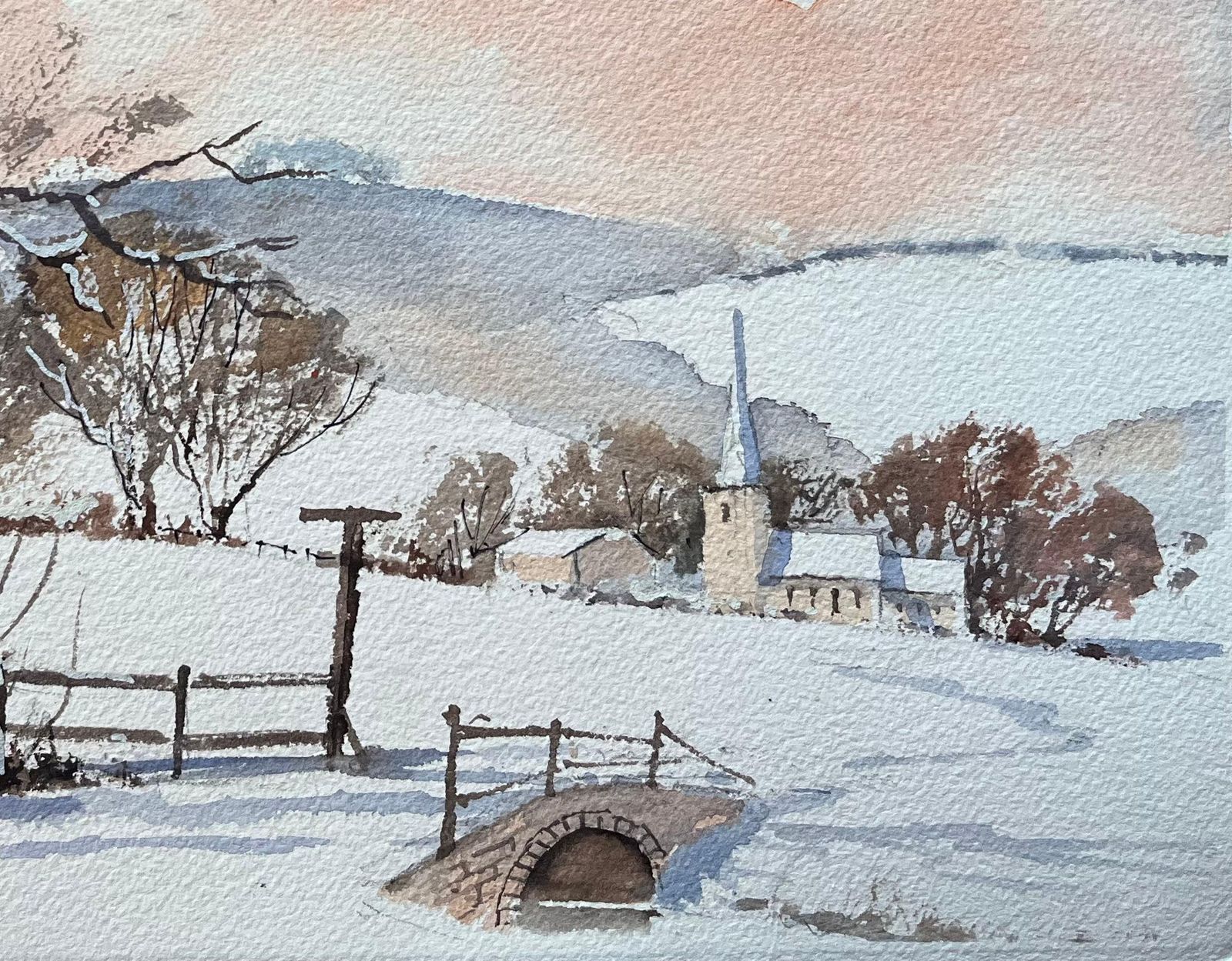 Anthony Avery British Impressionist Watercolor Of A Snowy Countryside Church Scene photo for sale