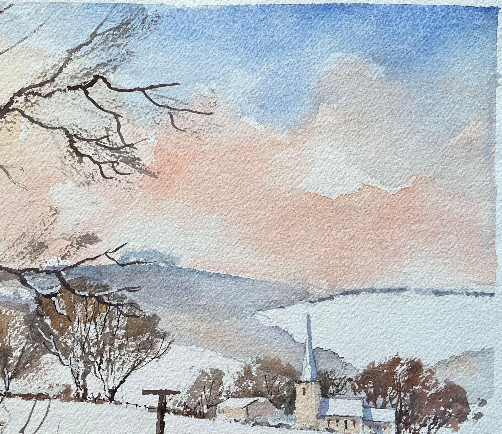 Anthony Avery British Impressionist Watercolor Of A Snowy Countryside Church Scene photo vinterior
