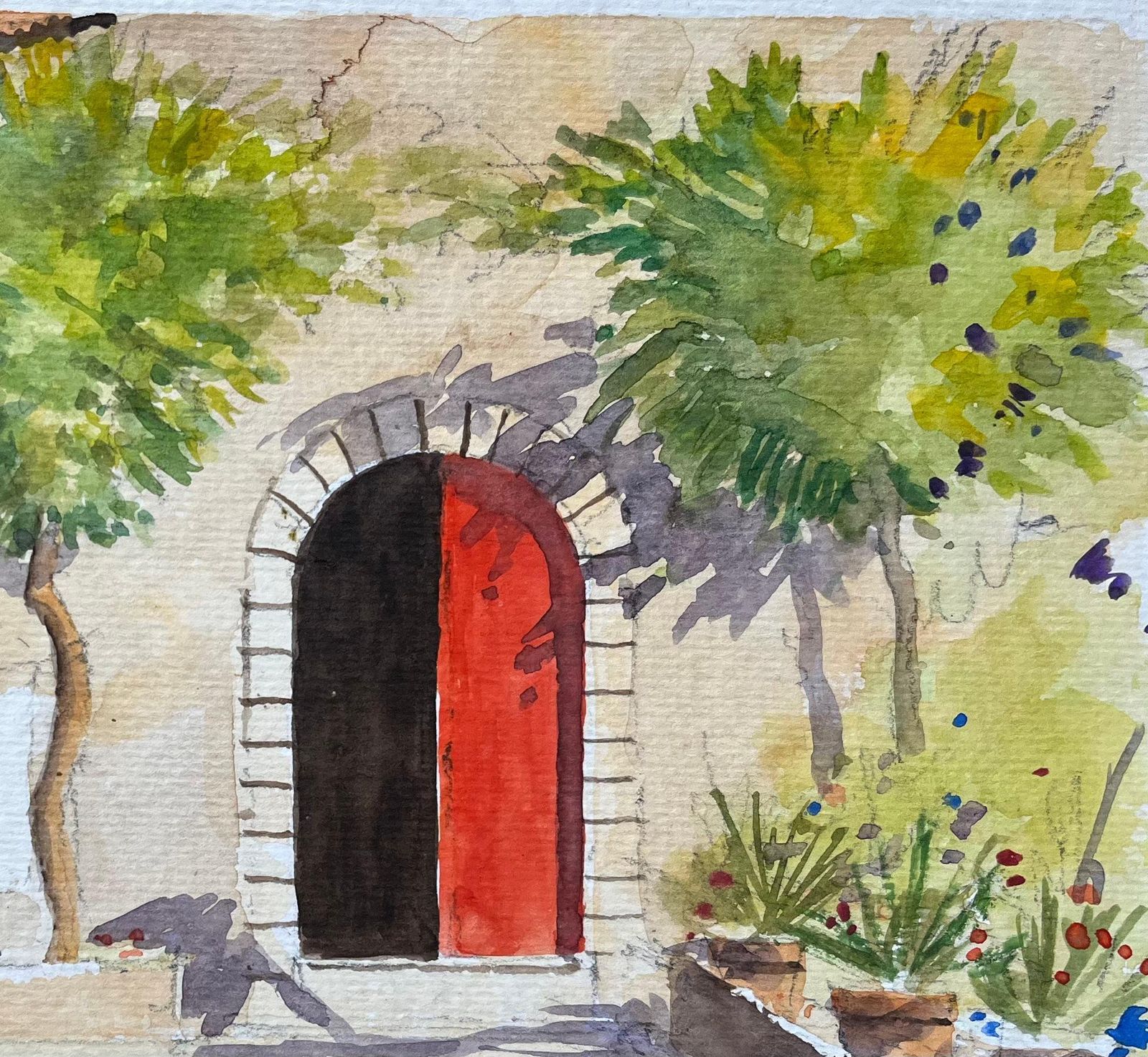 Anthony Avery British Impressionist Watercolor Of Mediterranean Courtyard Scene With Red Door photo for sale