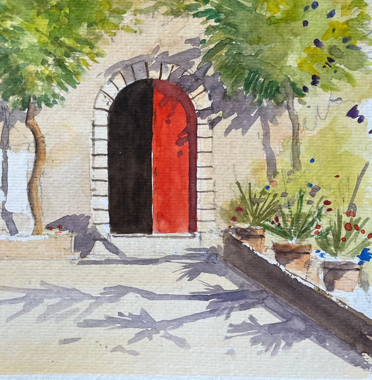 Anthony Avery British Impressionist Watercolor Of Mediterranean Courtyard Scene With Red Door photo Art