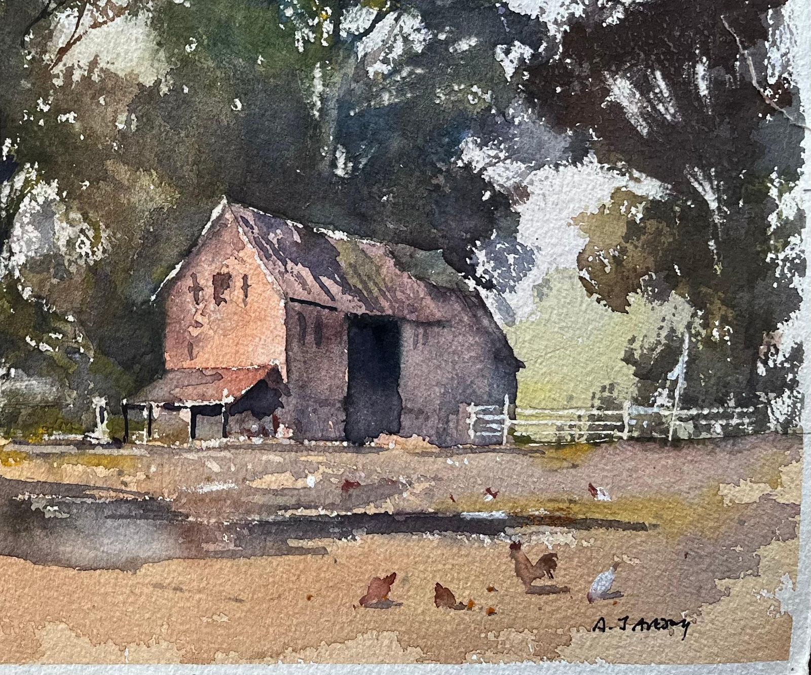 Anthony Avery British Impressionist Watercolor Of Kentfield Farm, With Church And Chickens photo for sale
