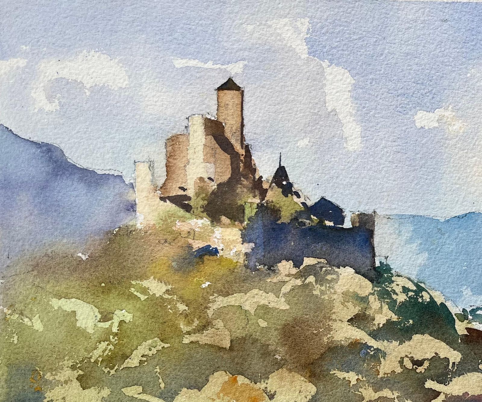 Anthony Avery British Impressionist Watercolor Of Castle On A Hilltop With Mountain Backdrop photo for sale