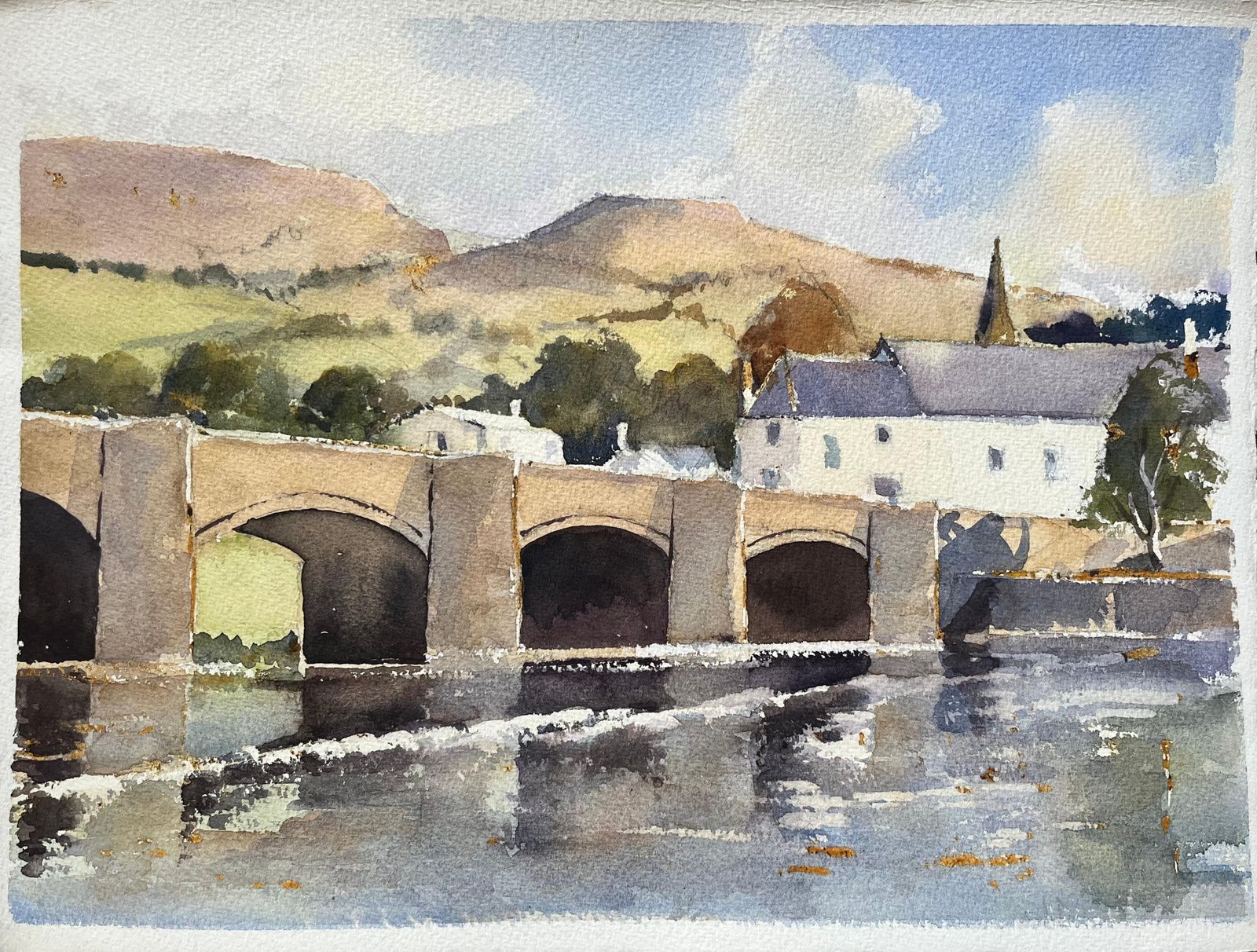 Anthony Avery British Impressionist Watercolor Of A Stone Bridge With Hills And A Church
