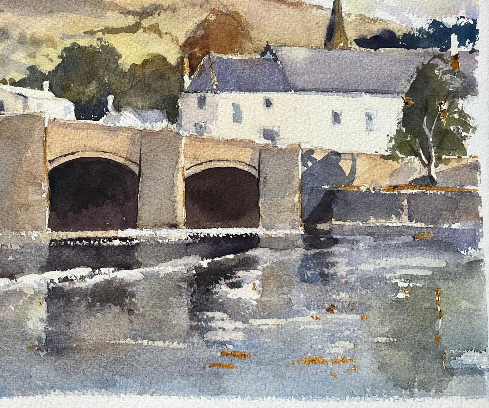 Anthony Avery British Impressionist Watercolor Of A Stone Bridge With Hills And A Church photo Art