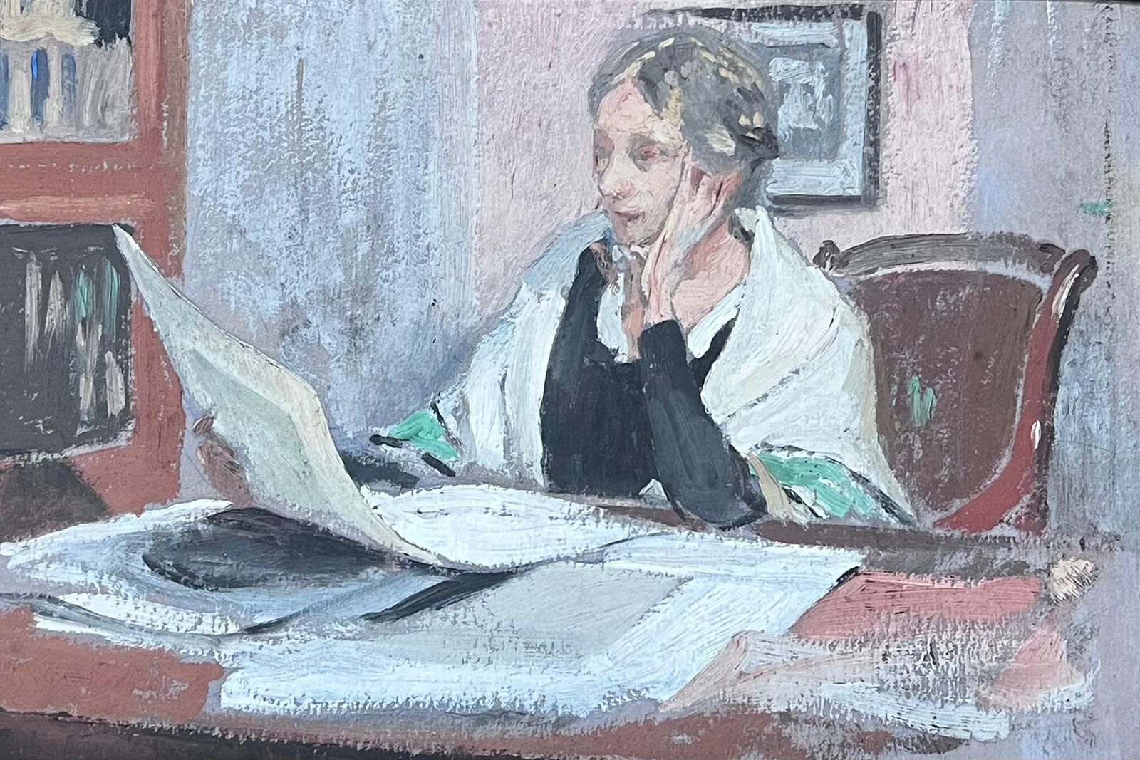 Etienne Auguste Krier (French, 1875 1953) 1930's French Impressionist Painting Artists Mother Reading At Desk In Interior 1930's