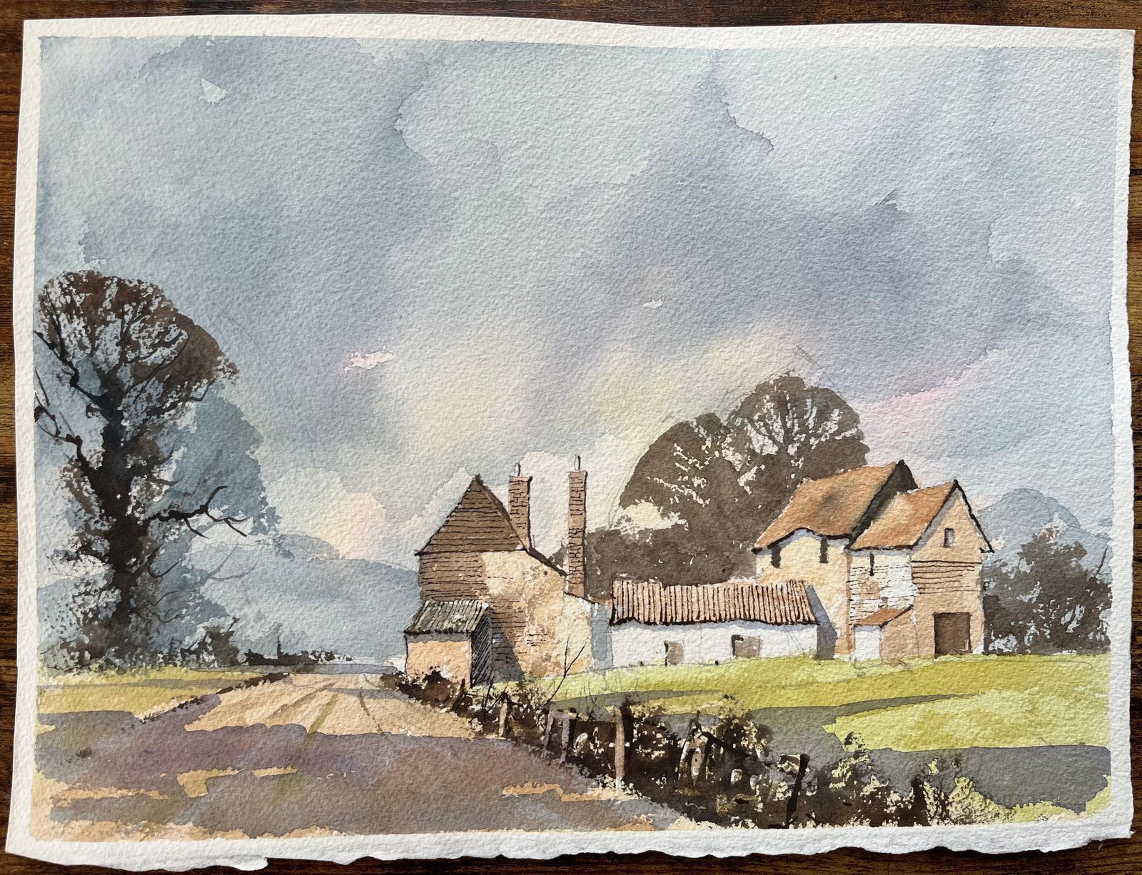 Anthony Avery British Impressionist Watercolor Of Rural Farmstead In Soft Morning Light photo furniture