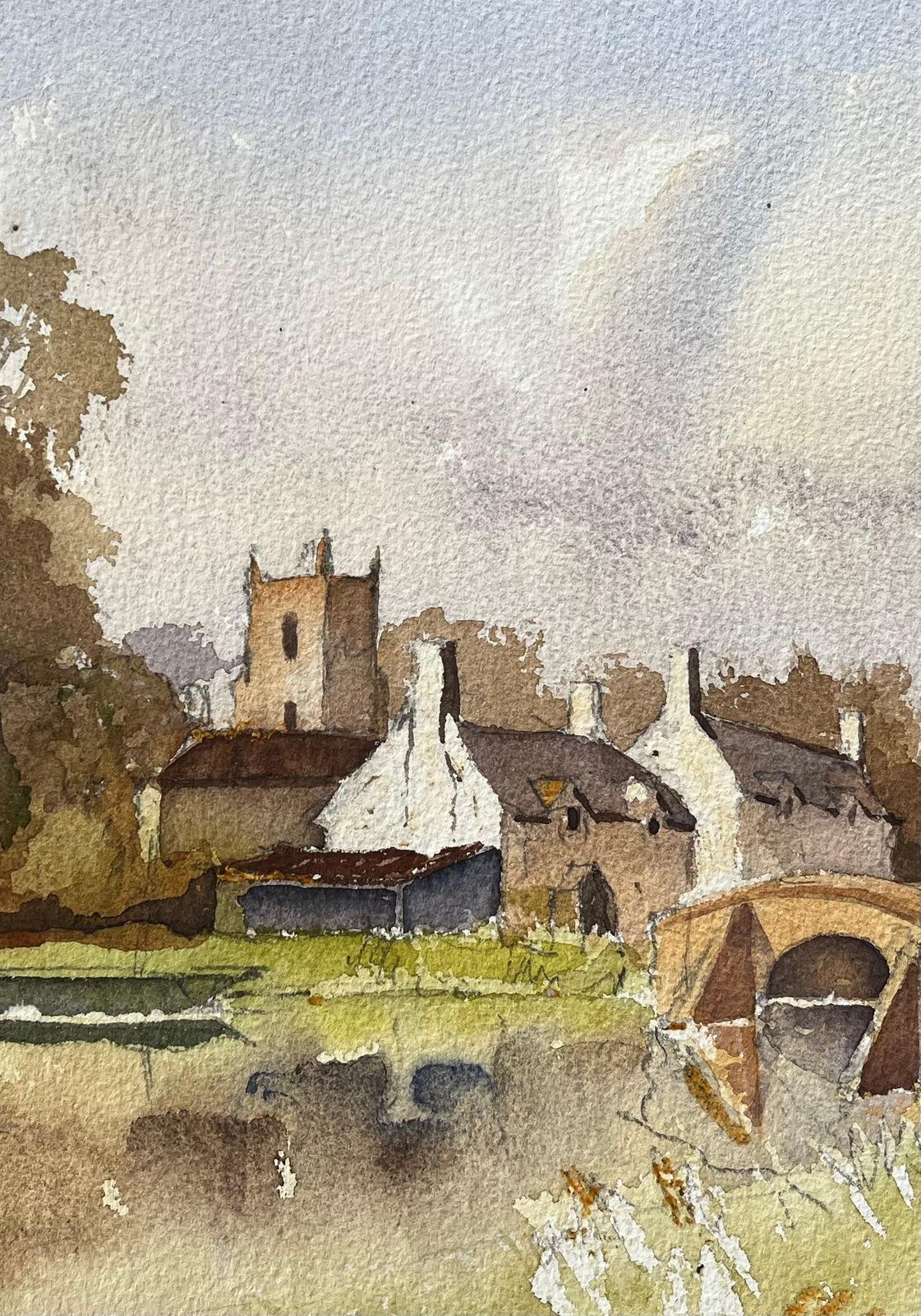 Anthony Avery British Impressionist Watercolor Of English Village Landscape With Stone Bridge photo Art