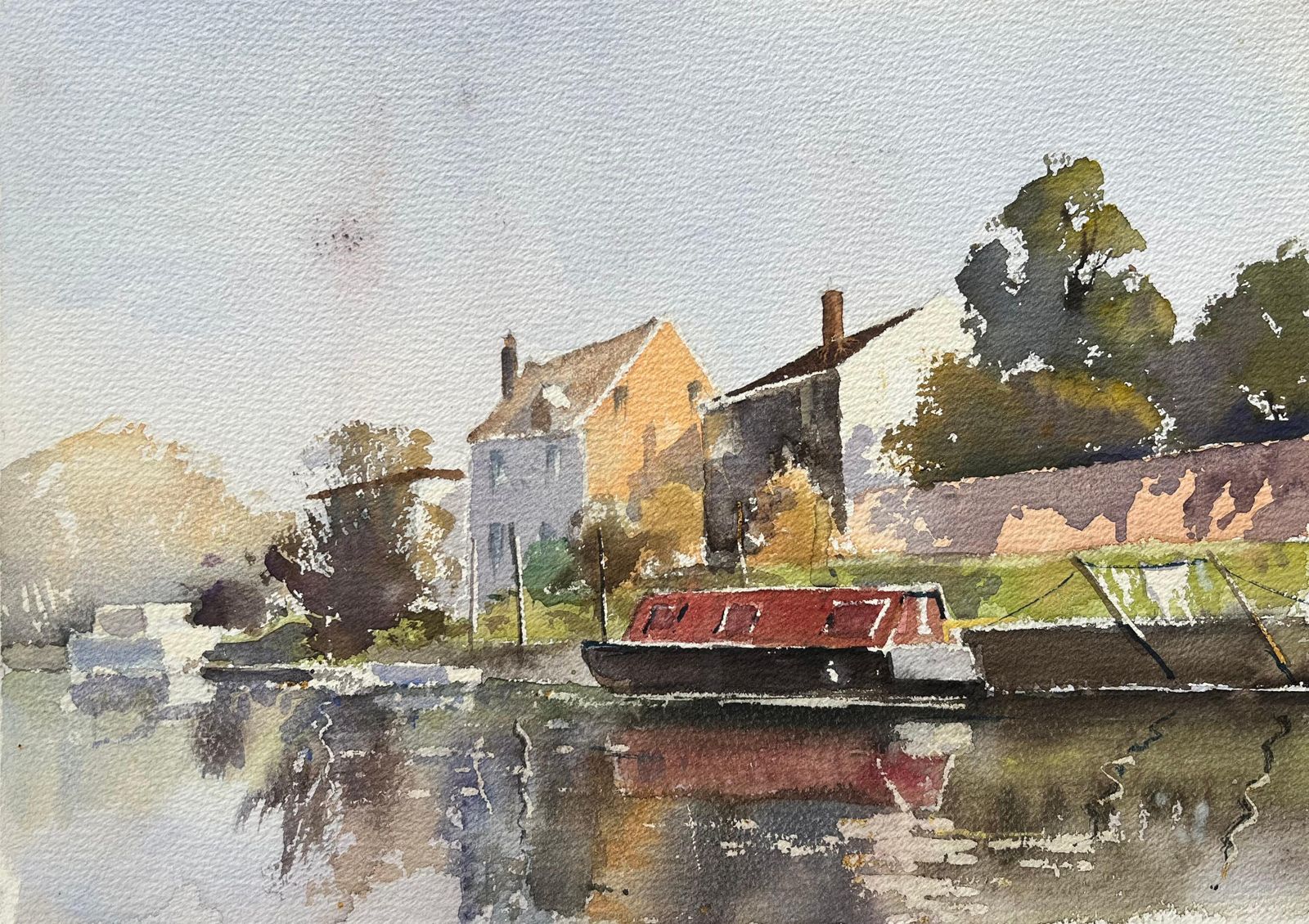 Anthony Avery British Impressionist Watercolor Of Riverside Scene With Red Narrowboat