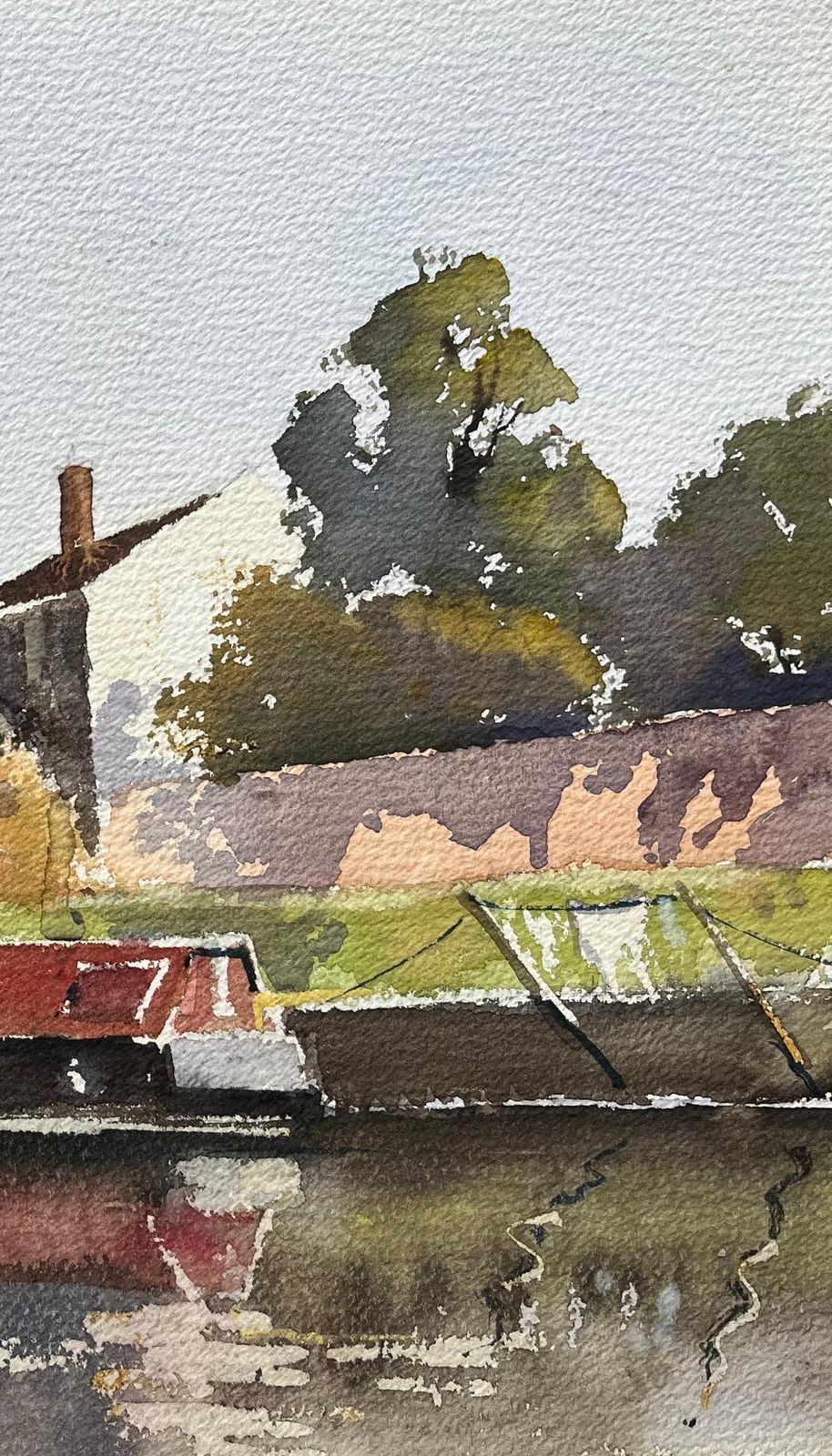 Anthony Avery British Impressionist Watercolor Of Riverside Scene With Red Narrowboat photo for sale