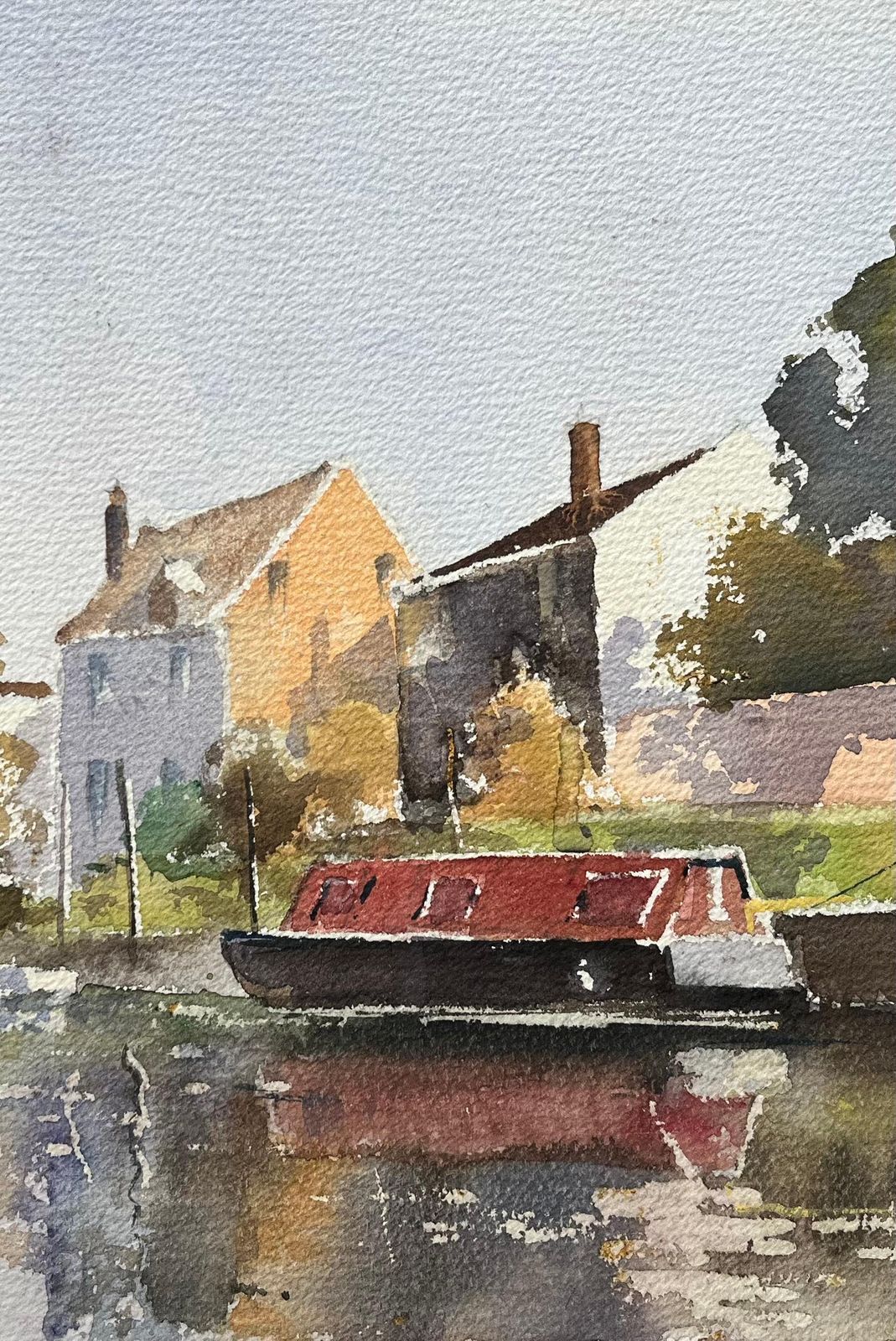 Anthony Avery British Impressionist Watercolor Of Riverside Scene With Red Narrowboat photo Art