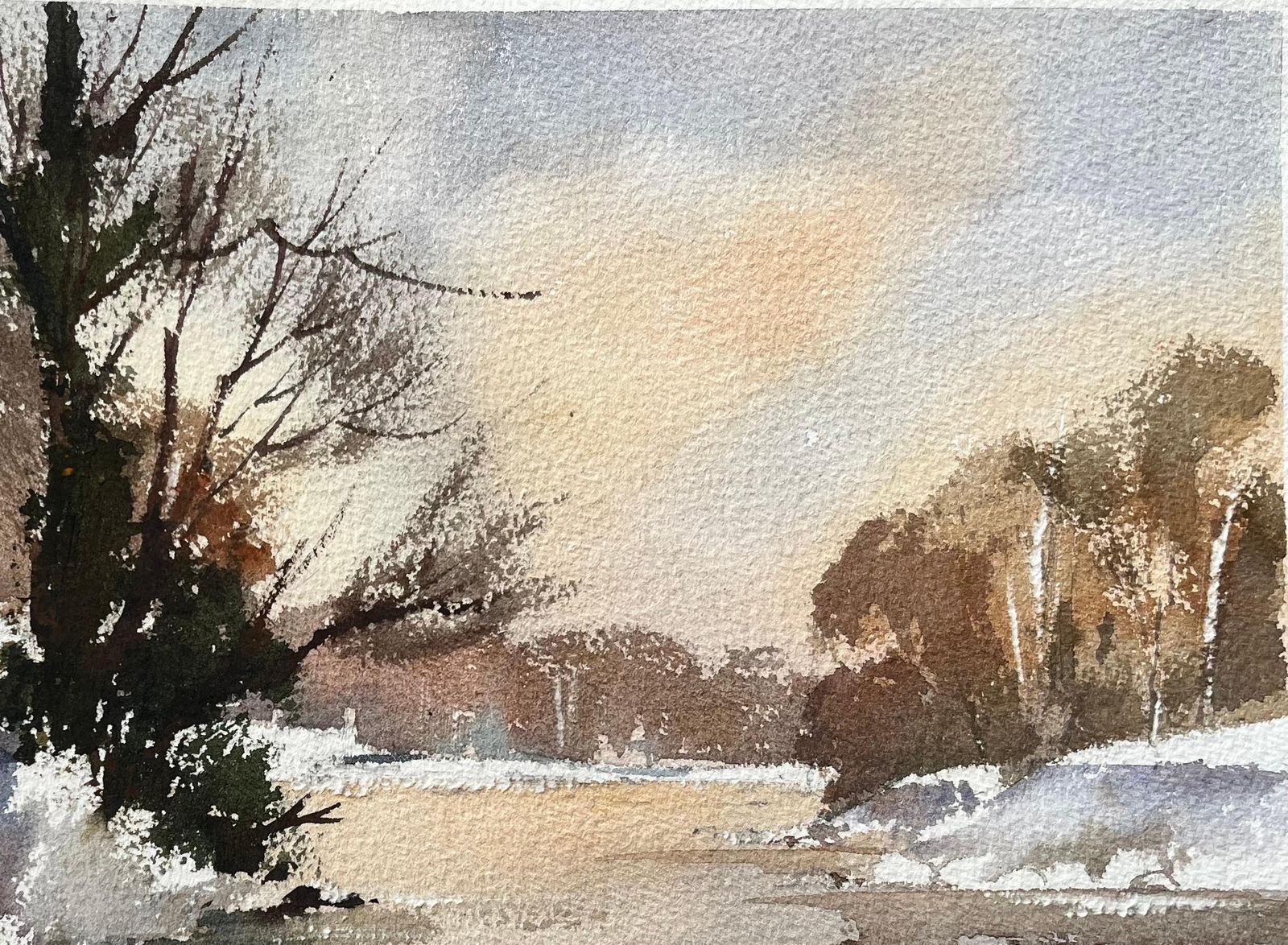 Anthony Avery British Impressionist Watercolor Of Snow Covered Riverbank At Sunset photo 395.0