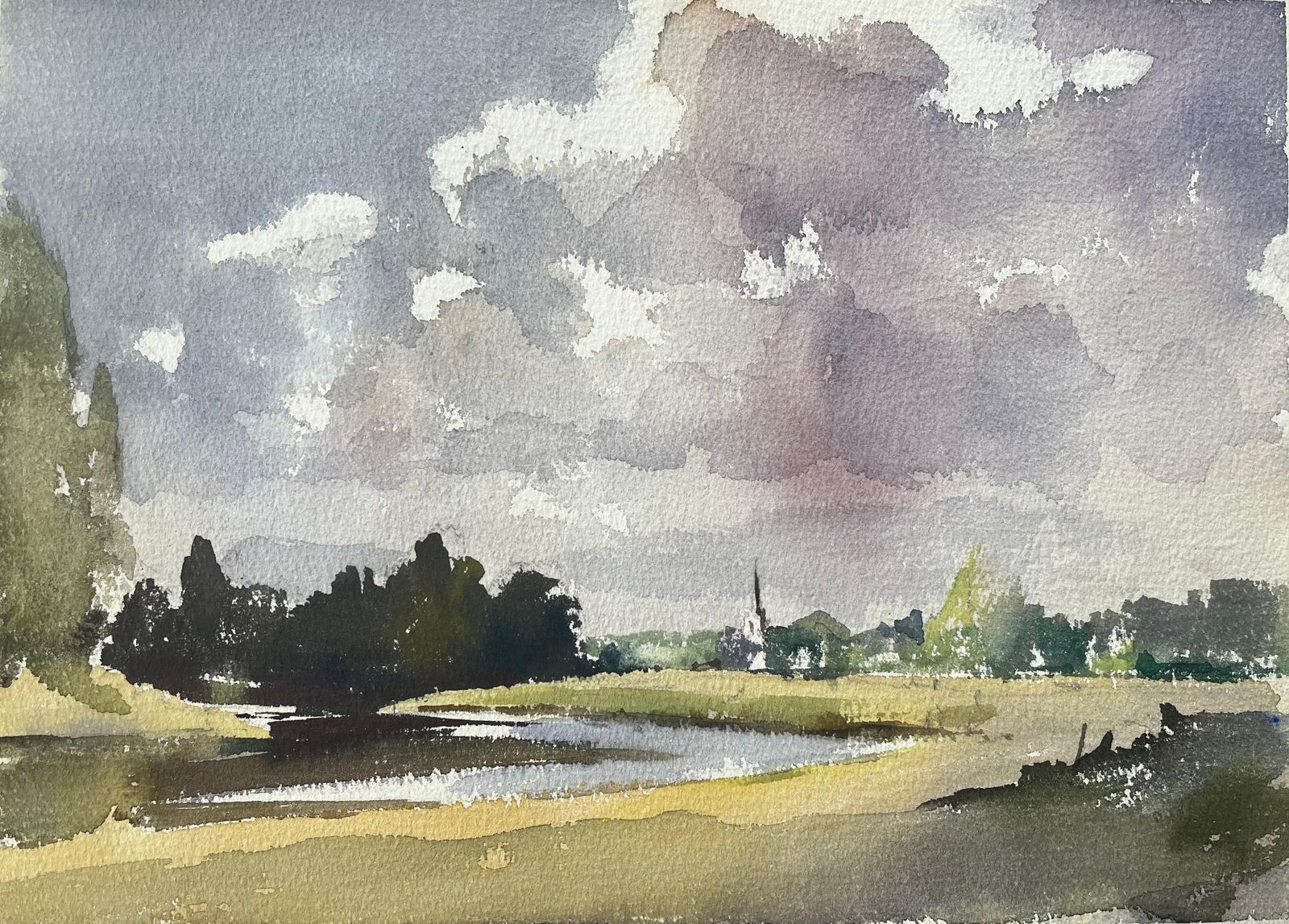 Anthony Avery British Impressionist Watercolor Of Pastoral Landscape With Dramatic Sky